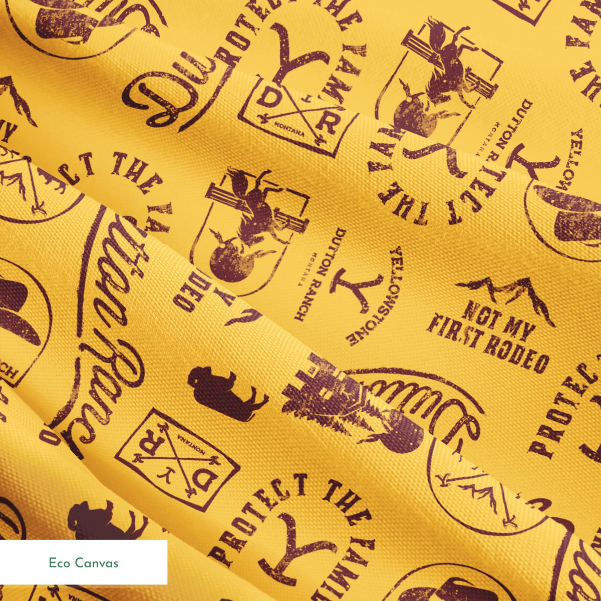 Paramount Yellowstone Dutton Ranch Icons on Yellow Fabric