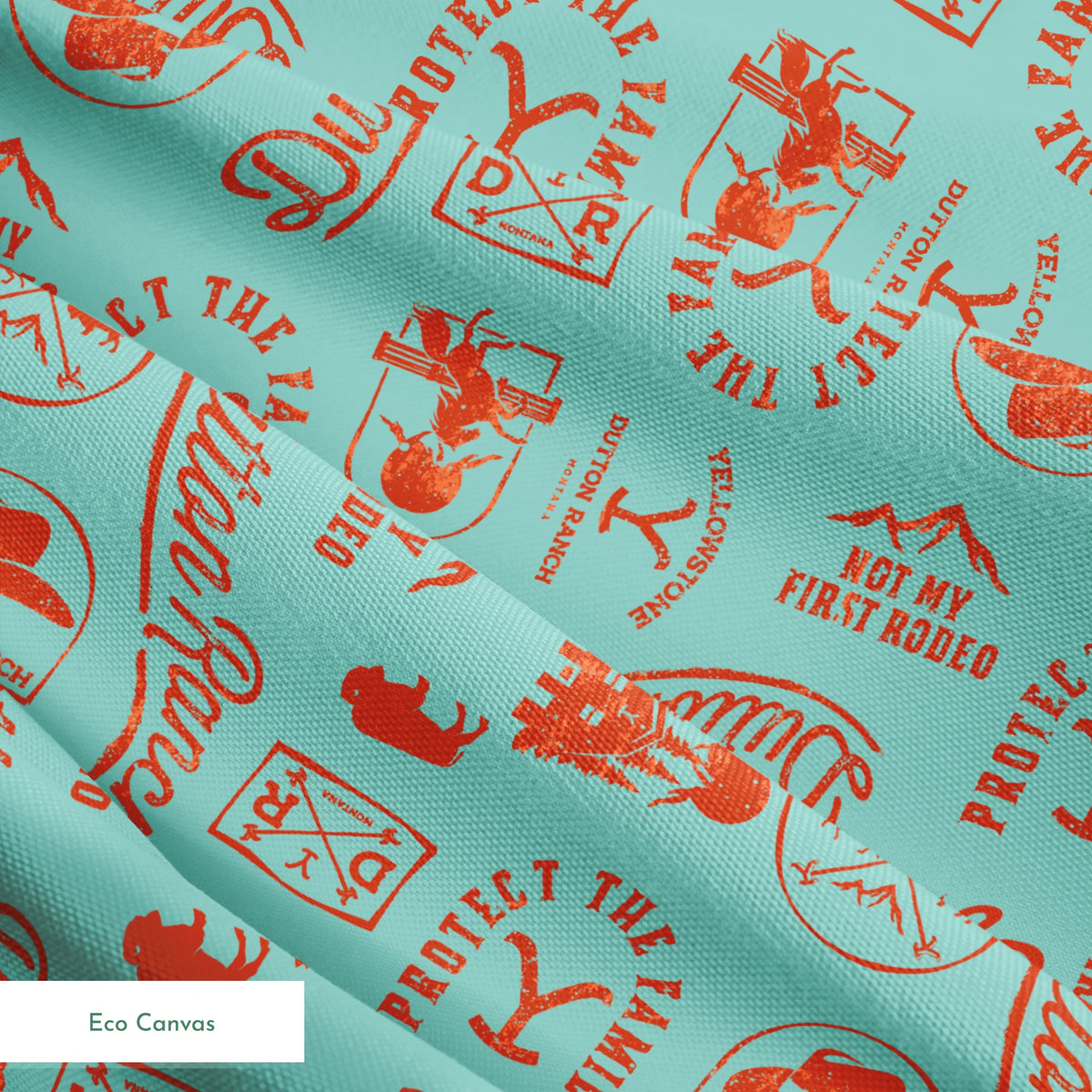Paramount Yellowstone Dutton Ranch Icons on Aqua Fabric