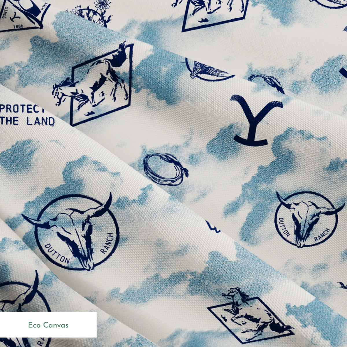 Paramount Yellowstone Icons in the Clouds on Blue Fabric