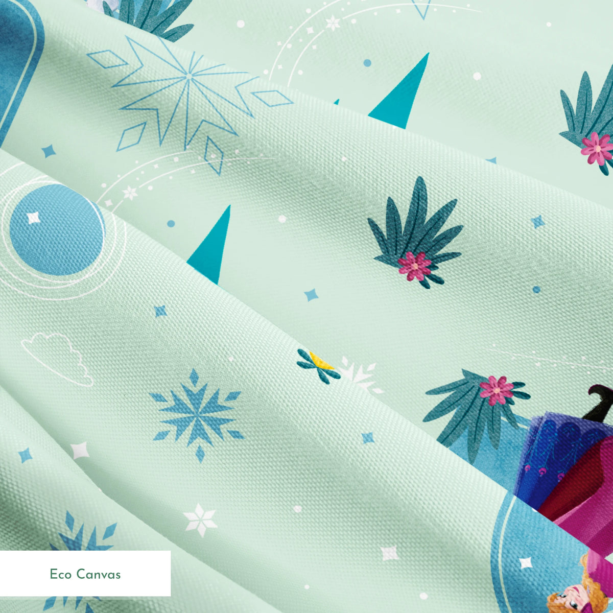 Disney Frozen Falling Snow on Green Fabric