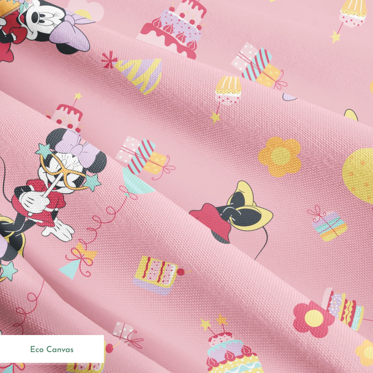 Minnie Mouse pattern on pink background with cakes, candy, and desserts scattered throughout.