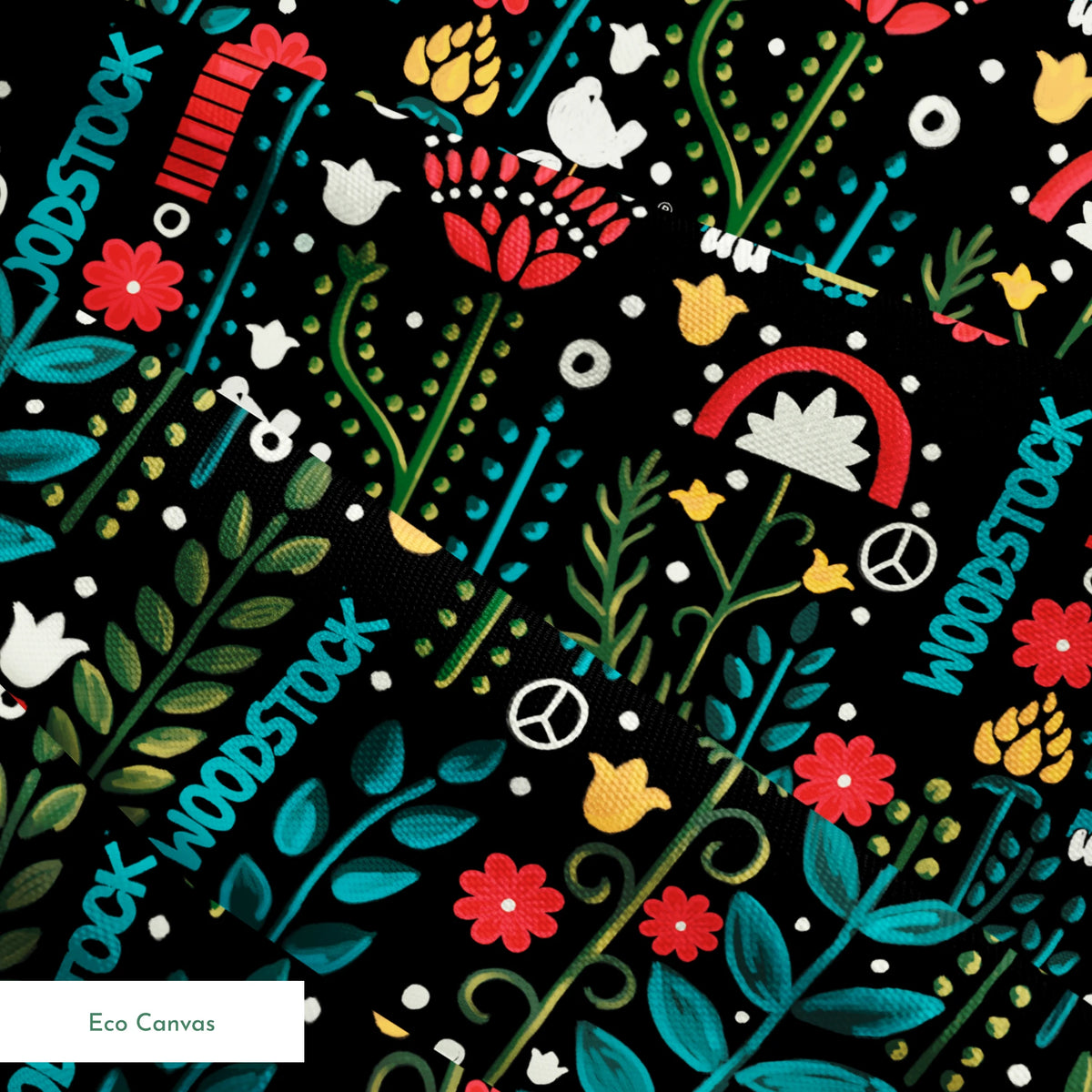 Woodstock Retro Greenery on Black Fabric