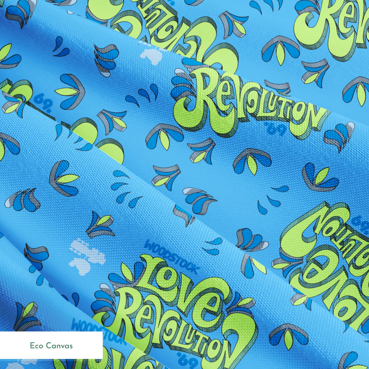 Woodstock Love Revolution on Blue Fabric
