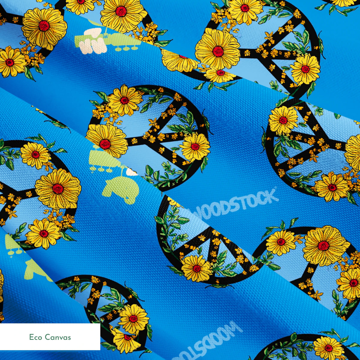 Woodstock Floral Peace Signs on Blue Fabric