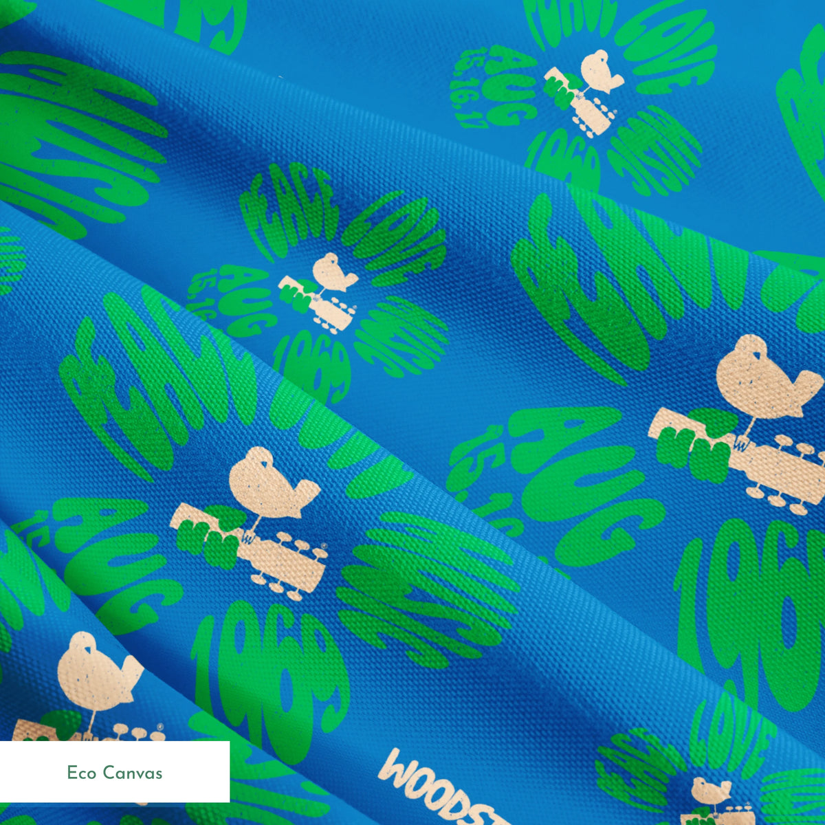 Woodstock Peace, Love, Music Florals on Blue Fabric
