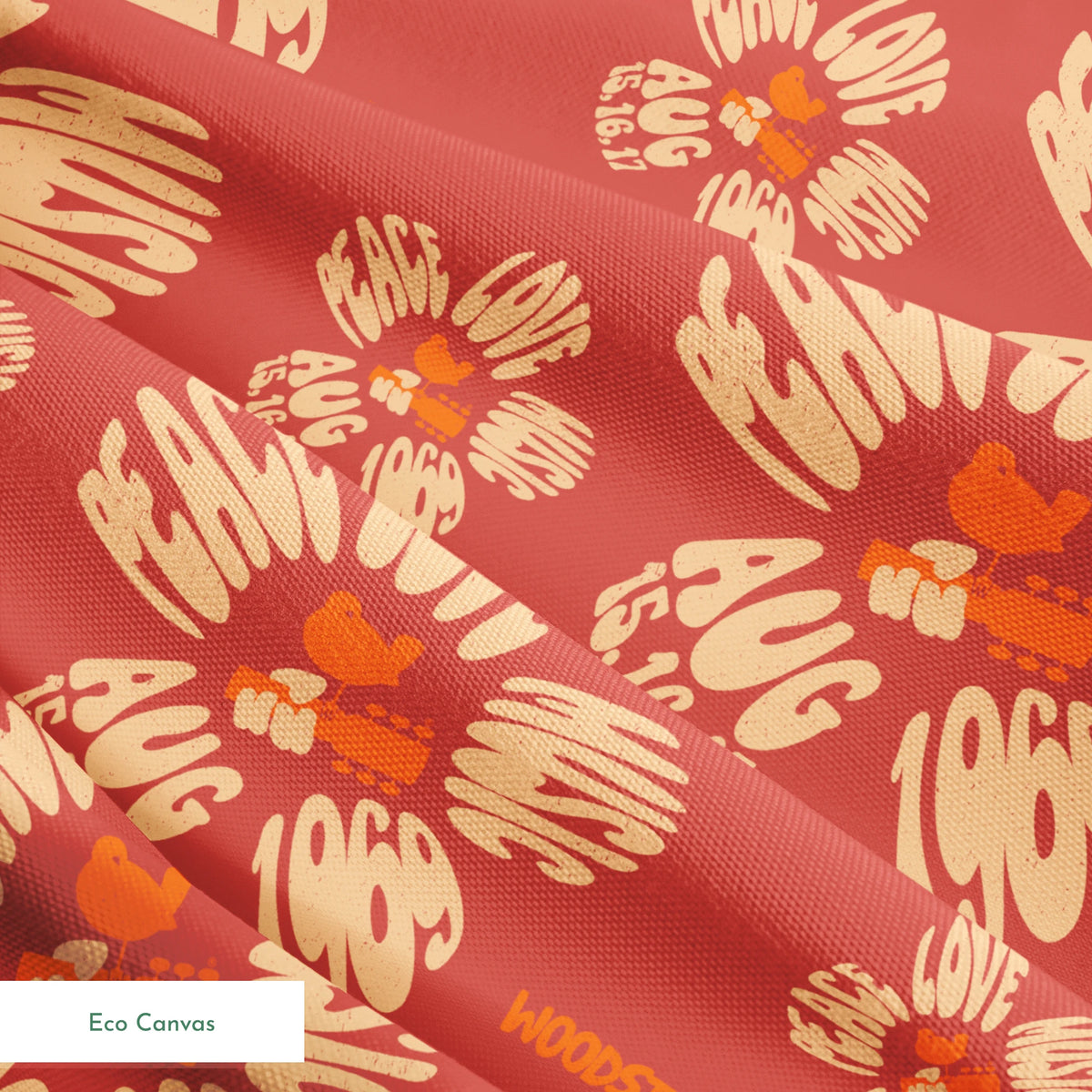 Woodstock Peace, Love, Music Florals on Rust Fabric
