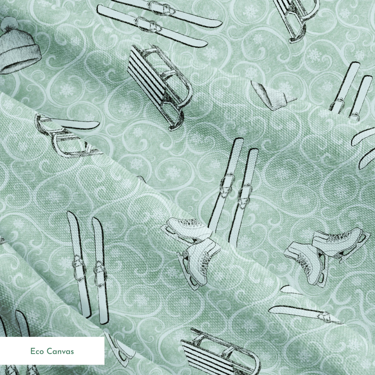 Saturday Evening Post Vintage Winter Fun on Light Green Fabric