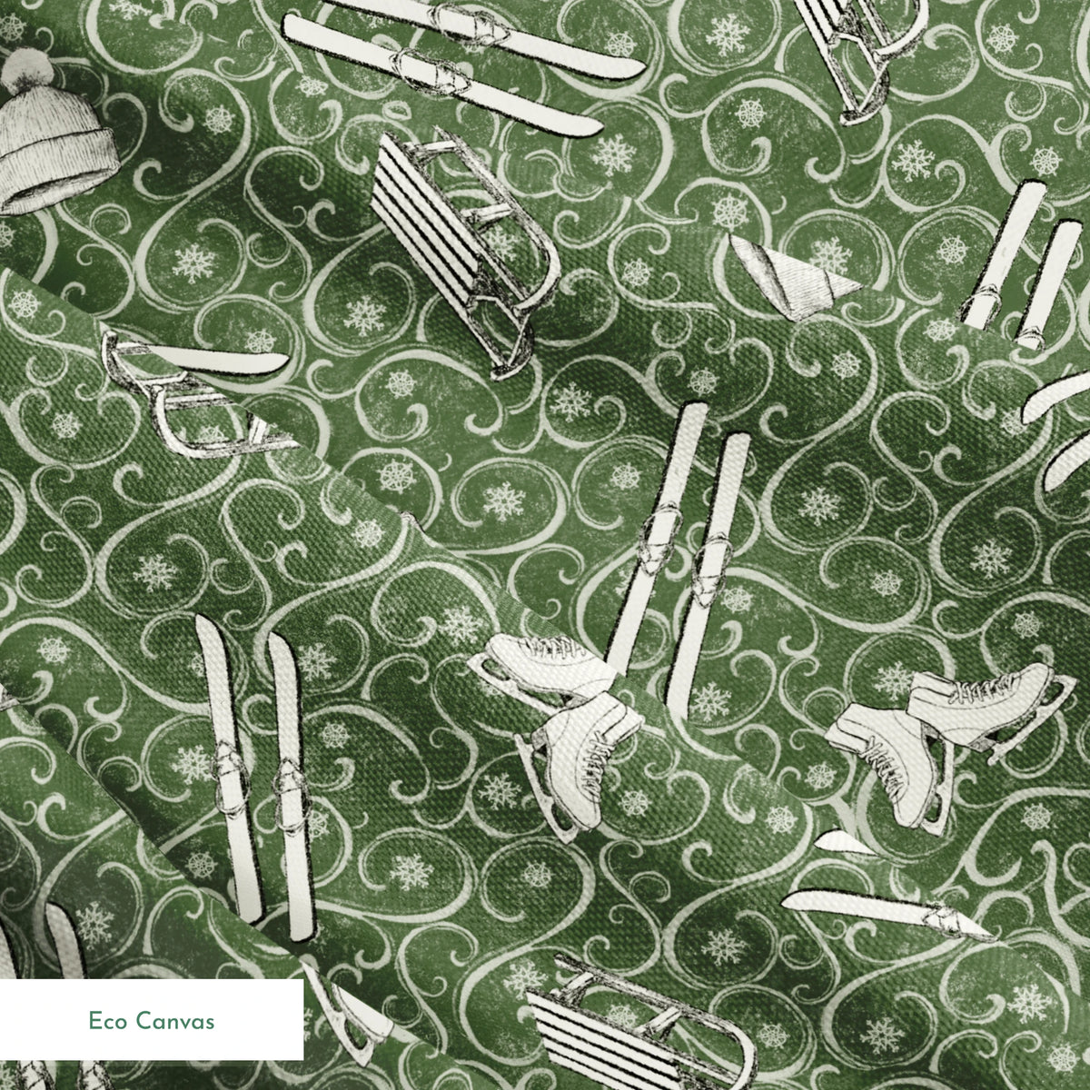 Saturday Evening Post Vintage Winter Fun on Green Fabric
