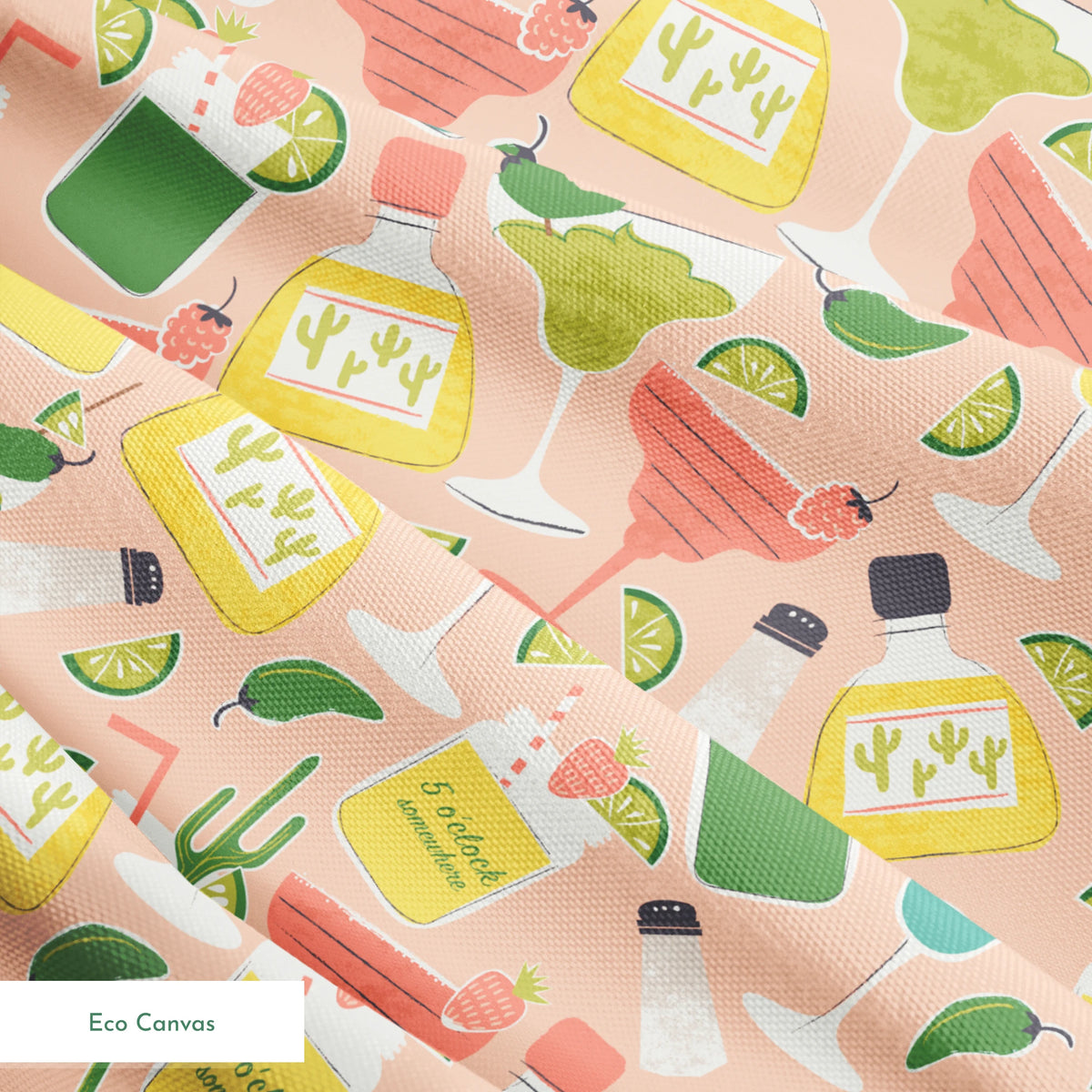 Colorful Margaritaville cocktail pattern with margaritas, tequila bottles, lime slices, and salt shakers on pink background