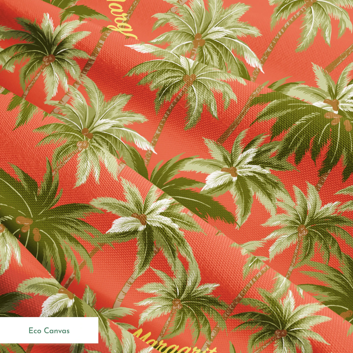 Tropical palm tree pattern on coral background with "Margaritaville" text in gold lettering