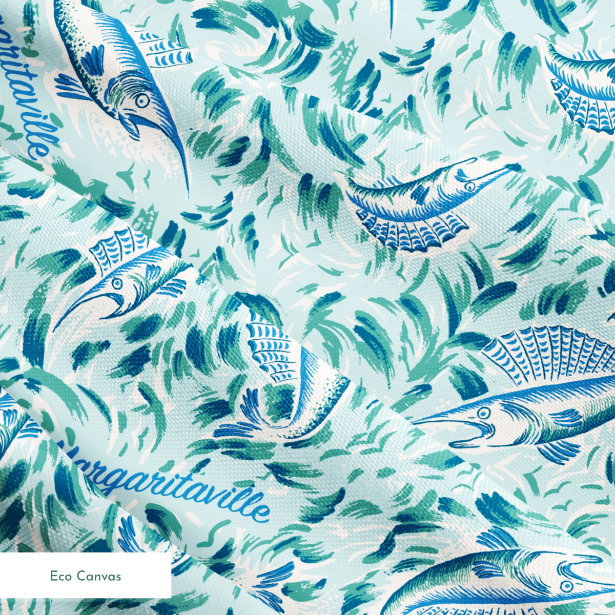 Abstract Margaritaville marbled pattern in teal, blue and white with swirling floral motifs and delicate wave-like designs