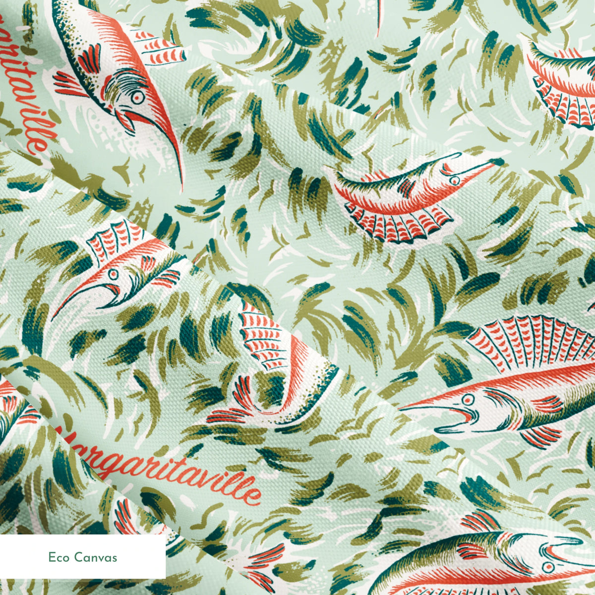 Ornate abstract tropical fish pattern with swirling leaves in vintage Florida style