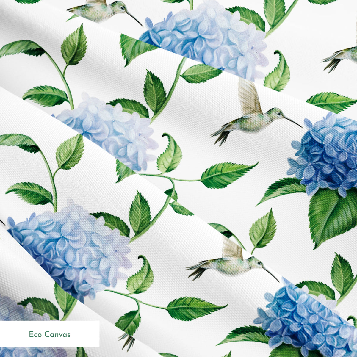 Danielle Murray Hydrangeas and Hummingbirds on White Fabric