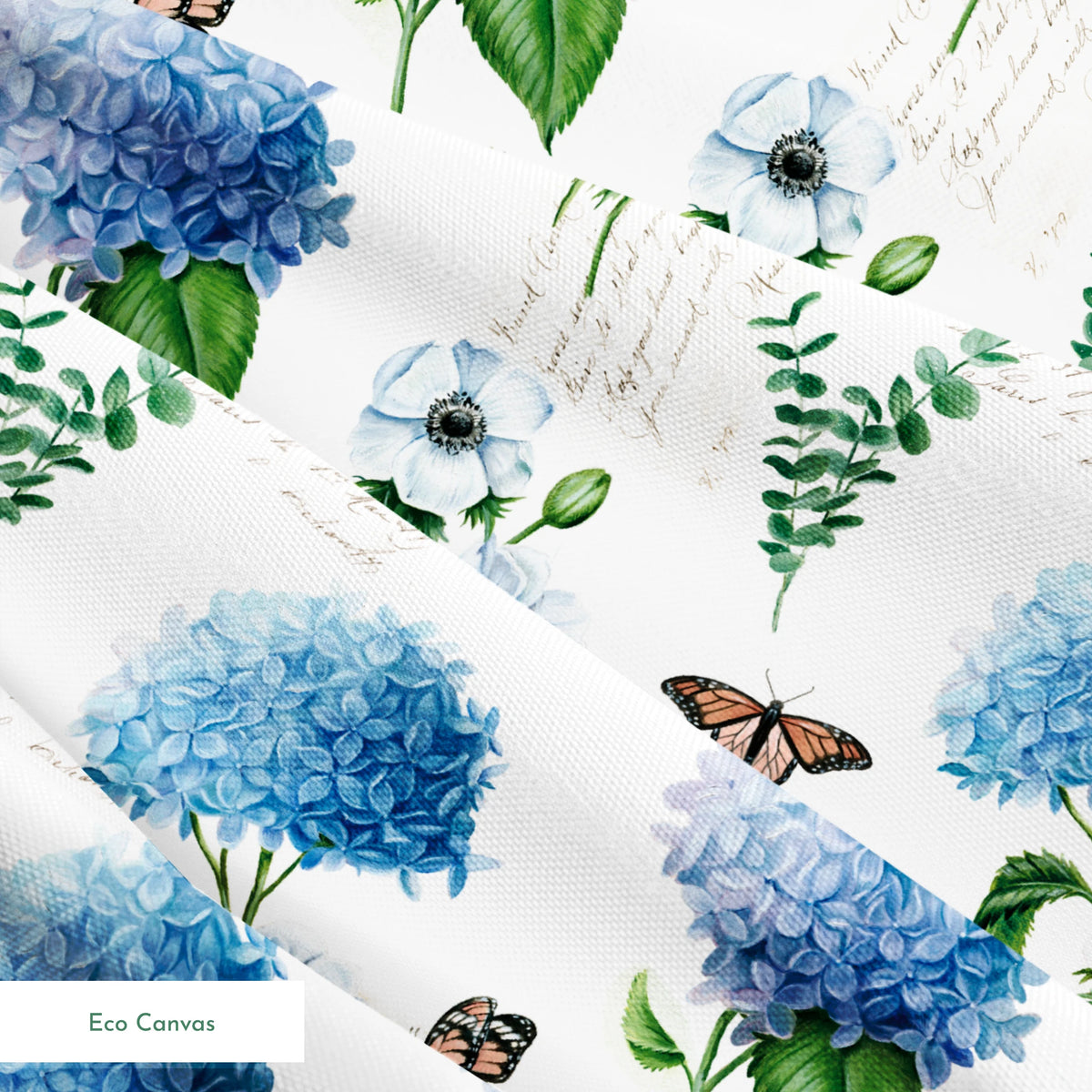 Danielle Murray Blue Florals and Butterflies on White Fabric