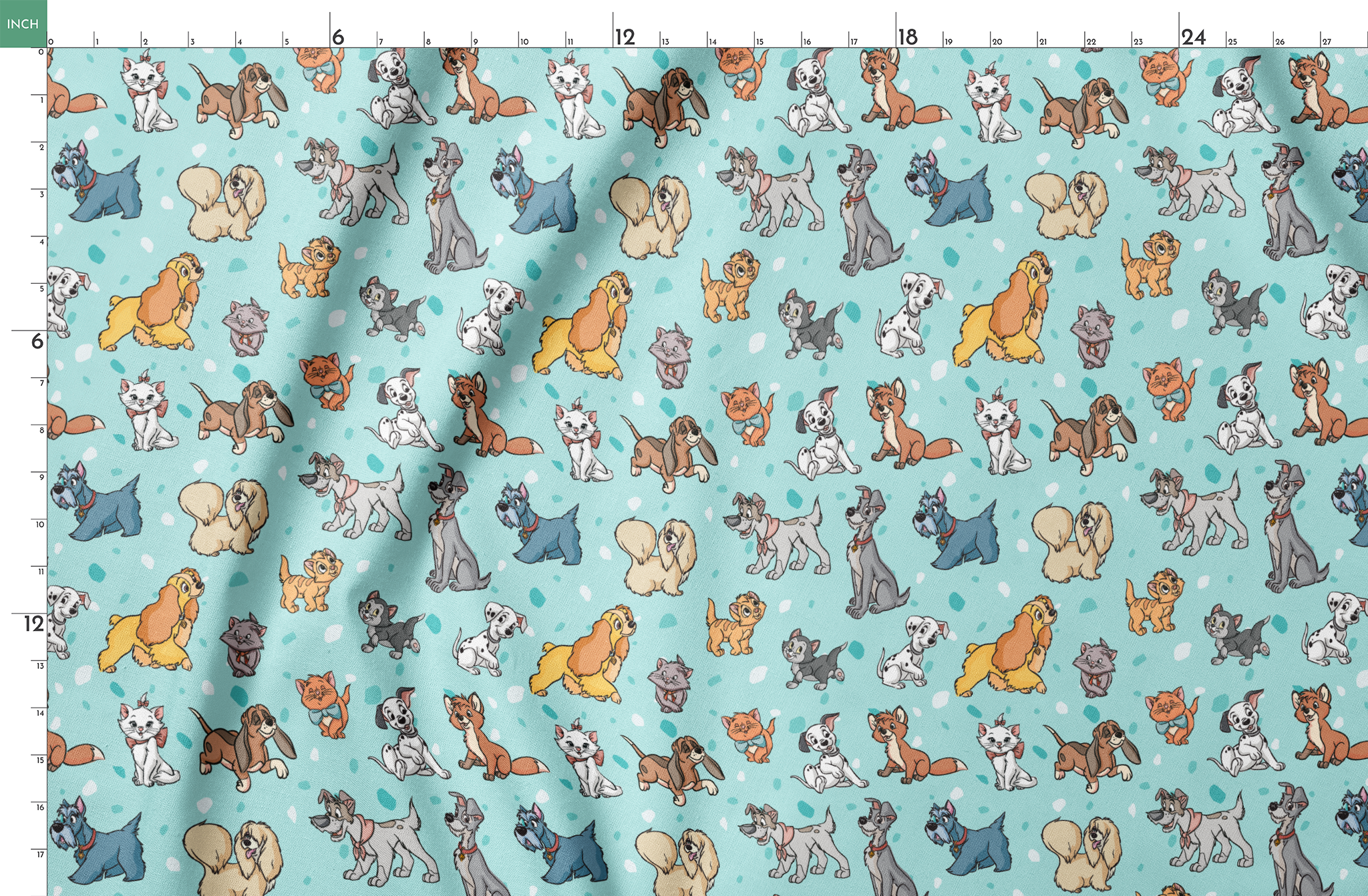 Cartoon-style Disney dogs and cats on a light blue background with scattered spots. springs fatquarter mockup