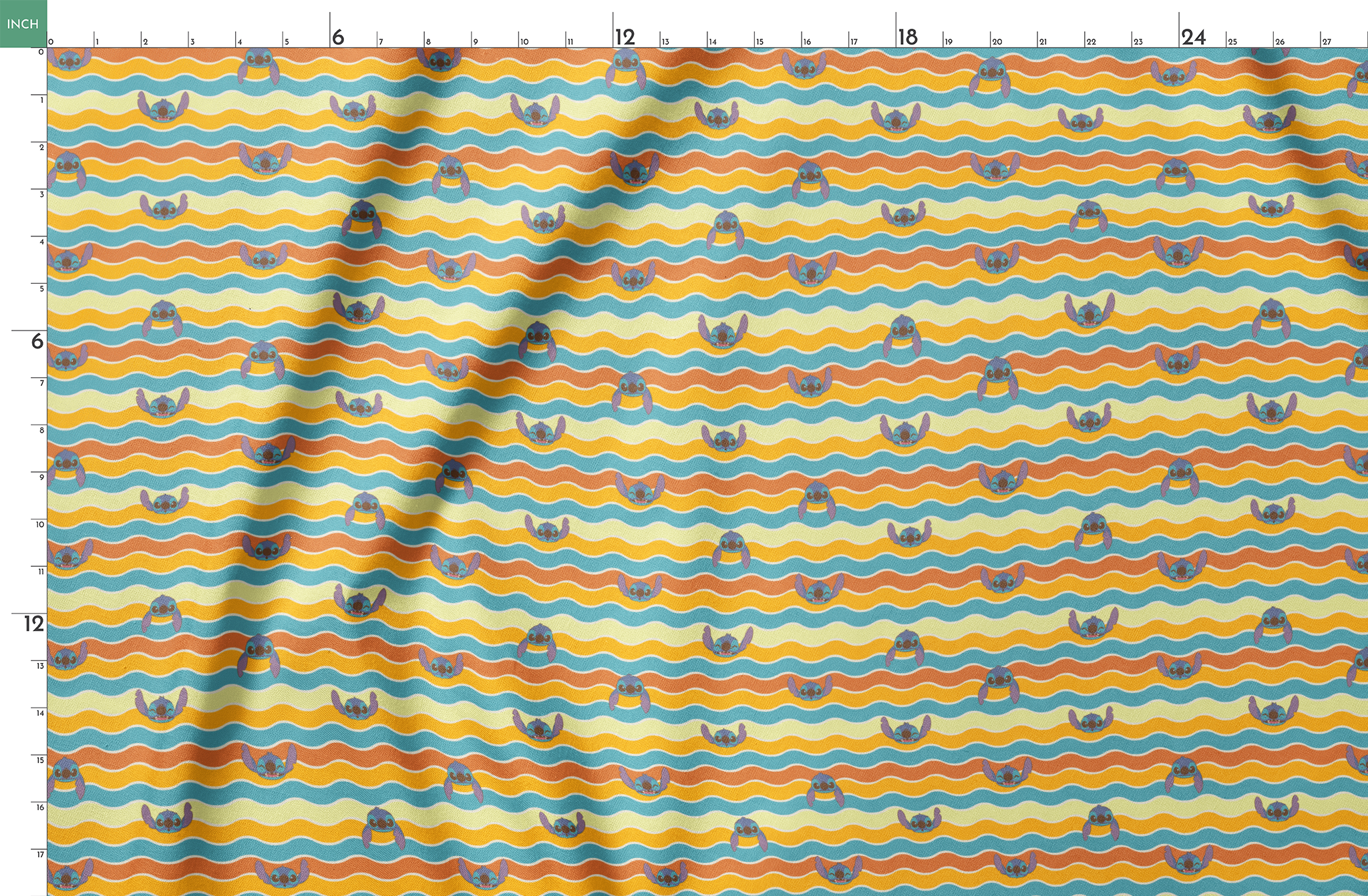 Colorful wavy striped pattern with Stitch peeking between orange, yellow, and teal waves springs fatquarter mockup