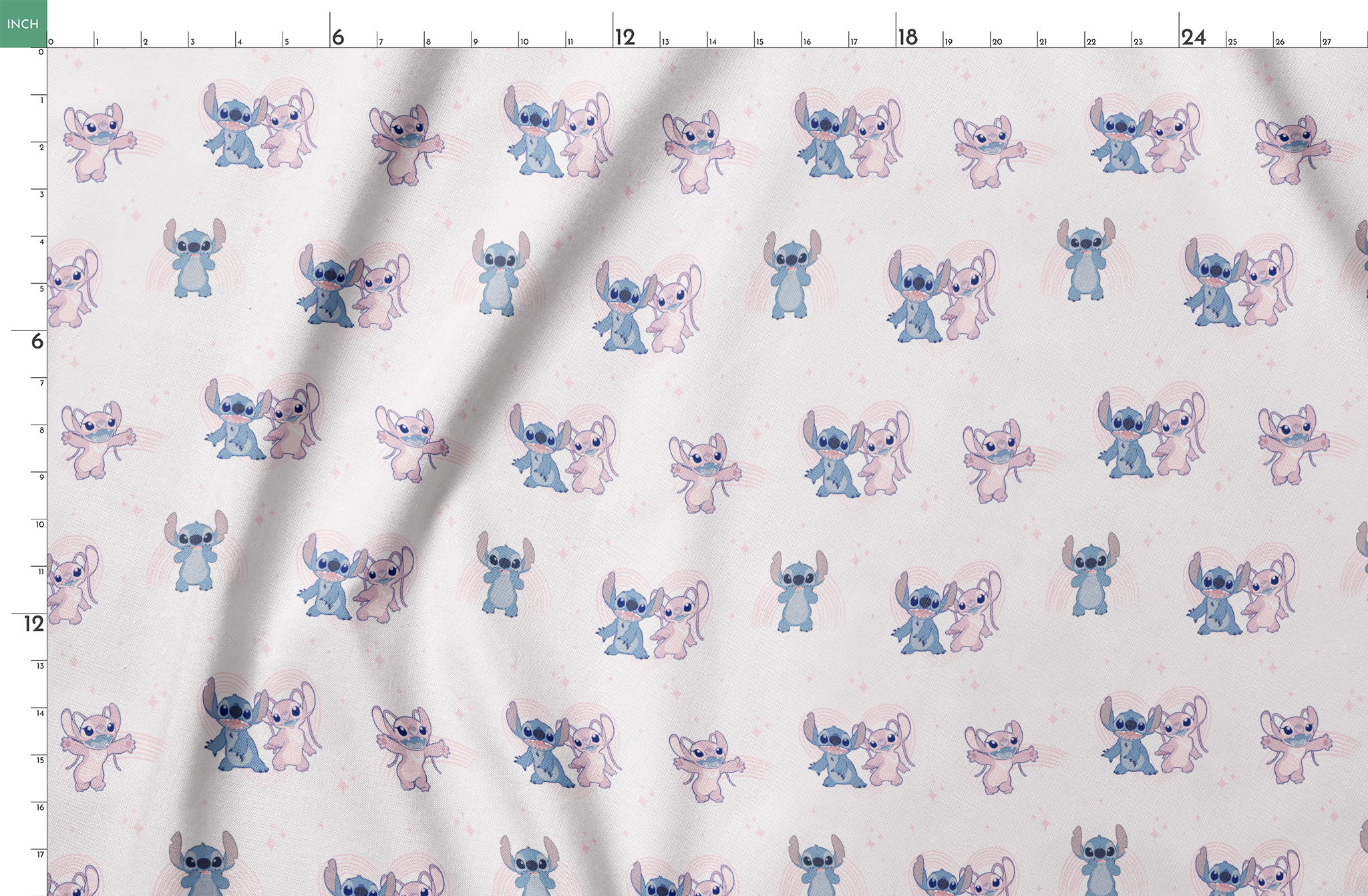 Cartoon pattern of blue and pink Stitch characters from Lilo & Stitch with playful poses on pale background springs fatquarter mockup