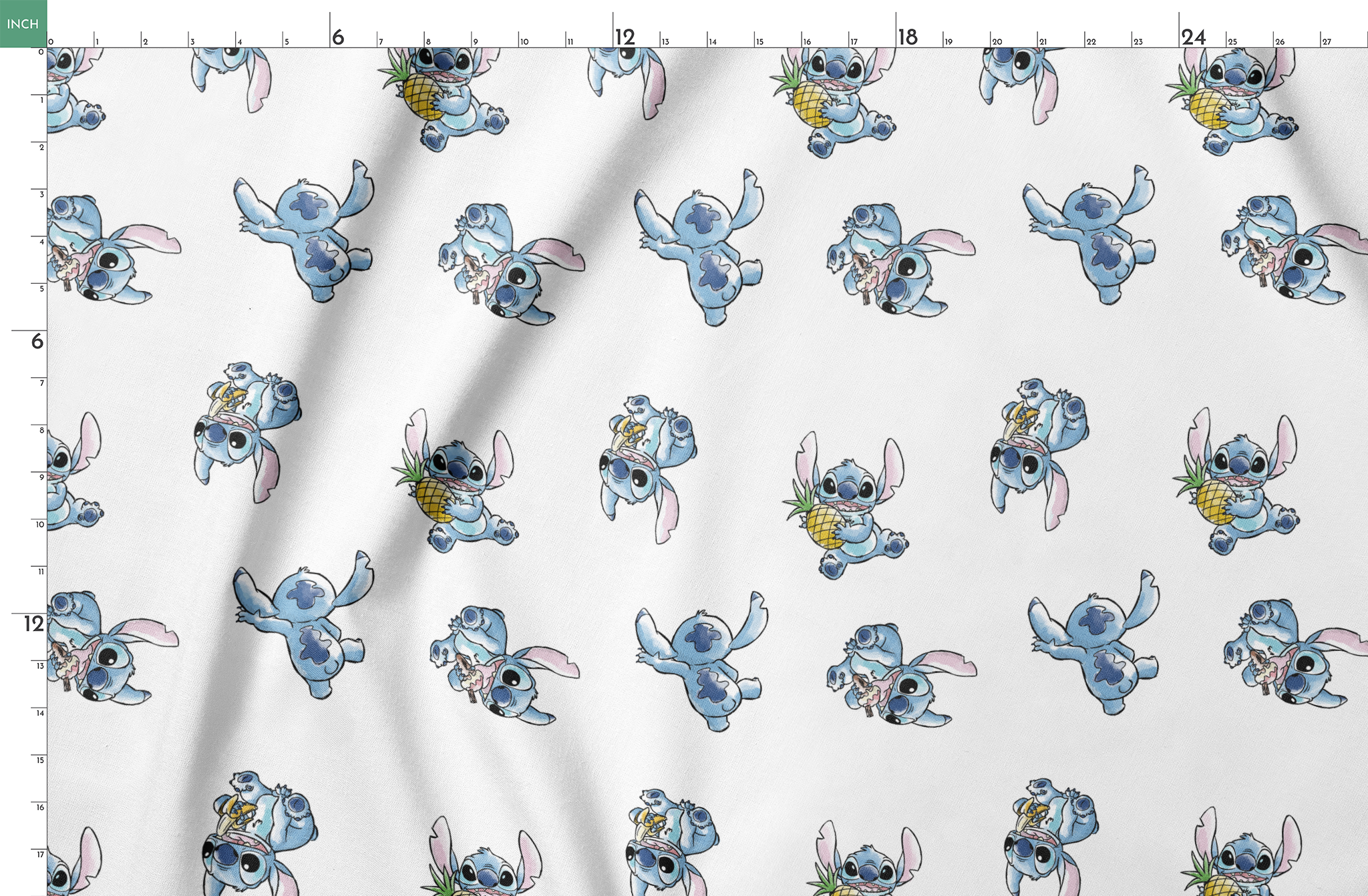 Disney's Stitch in various playful poses, some holding pineapples, on white background springs fatquarter mockup