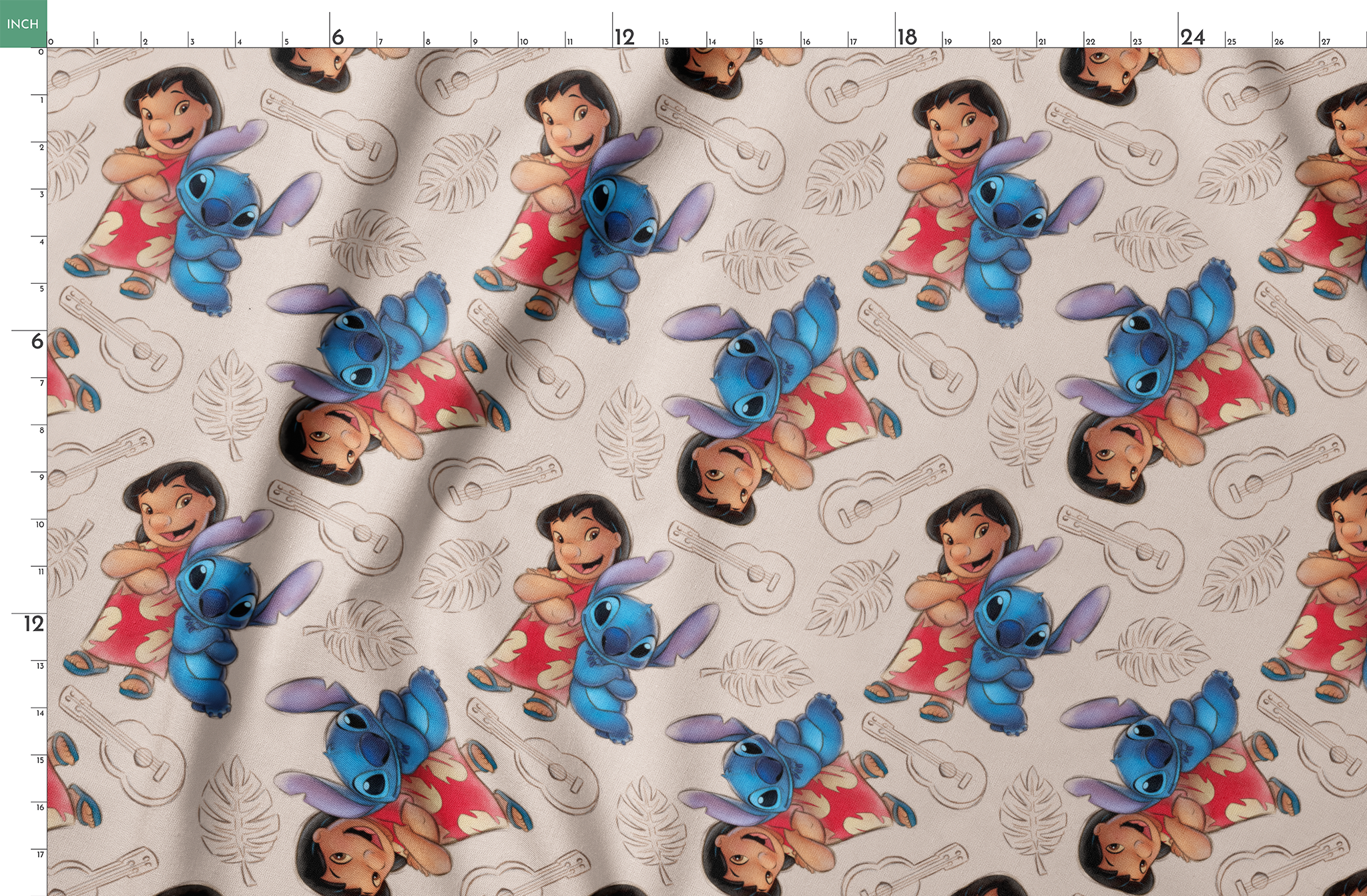 Lilo and Stitch fabric with leaf and guitar pattern background springs fatquarter mockup