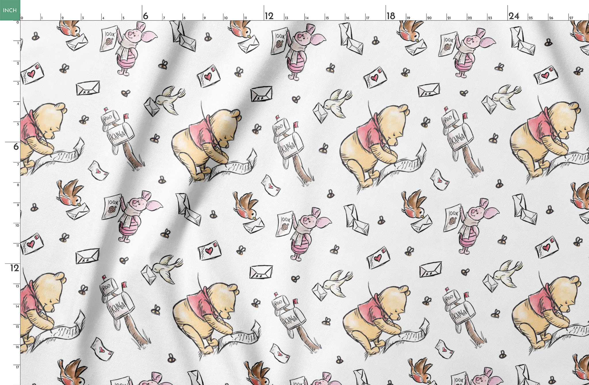 Winnie the Pooh characters with flying letters and envelopes on white background, whimsical illustration style springs fatquarter mockup