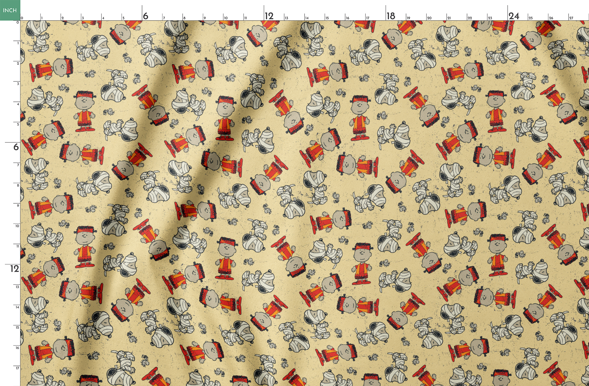 Peanuts characters pattern with Charlie Brown and Snoopy in halloween attire on beige background springs fatquarter mockup