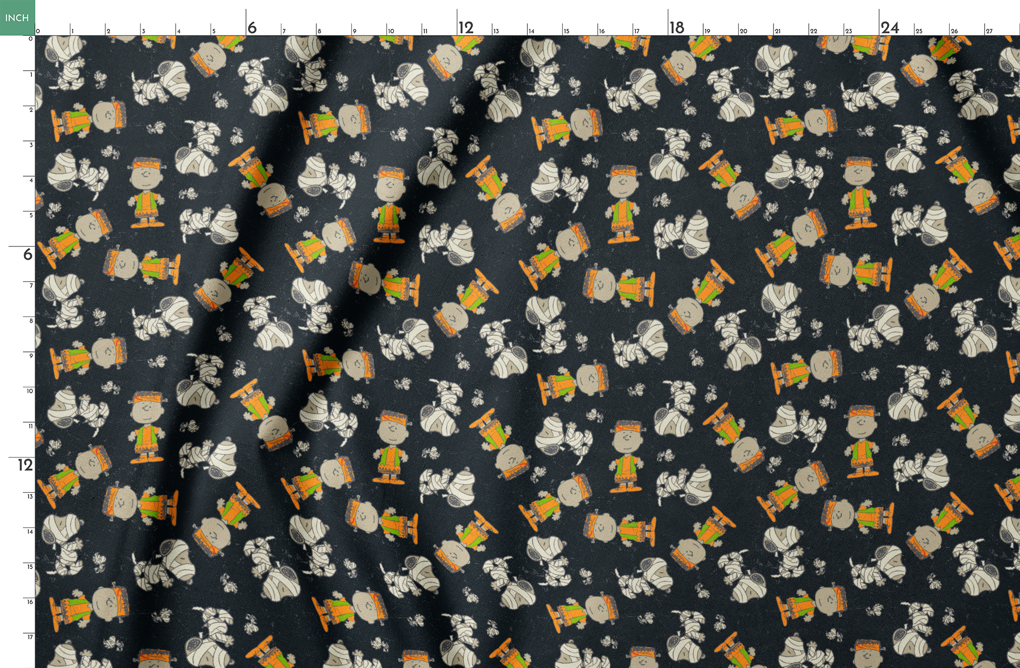 Peanuts characters pattern on black background featuring Snoopy and Charlie Brown in fall outfits springs fatquarter mockup