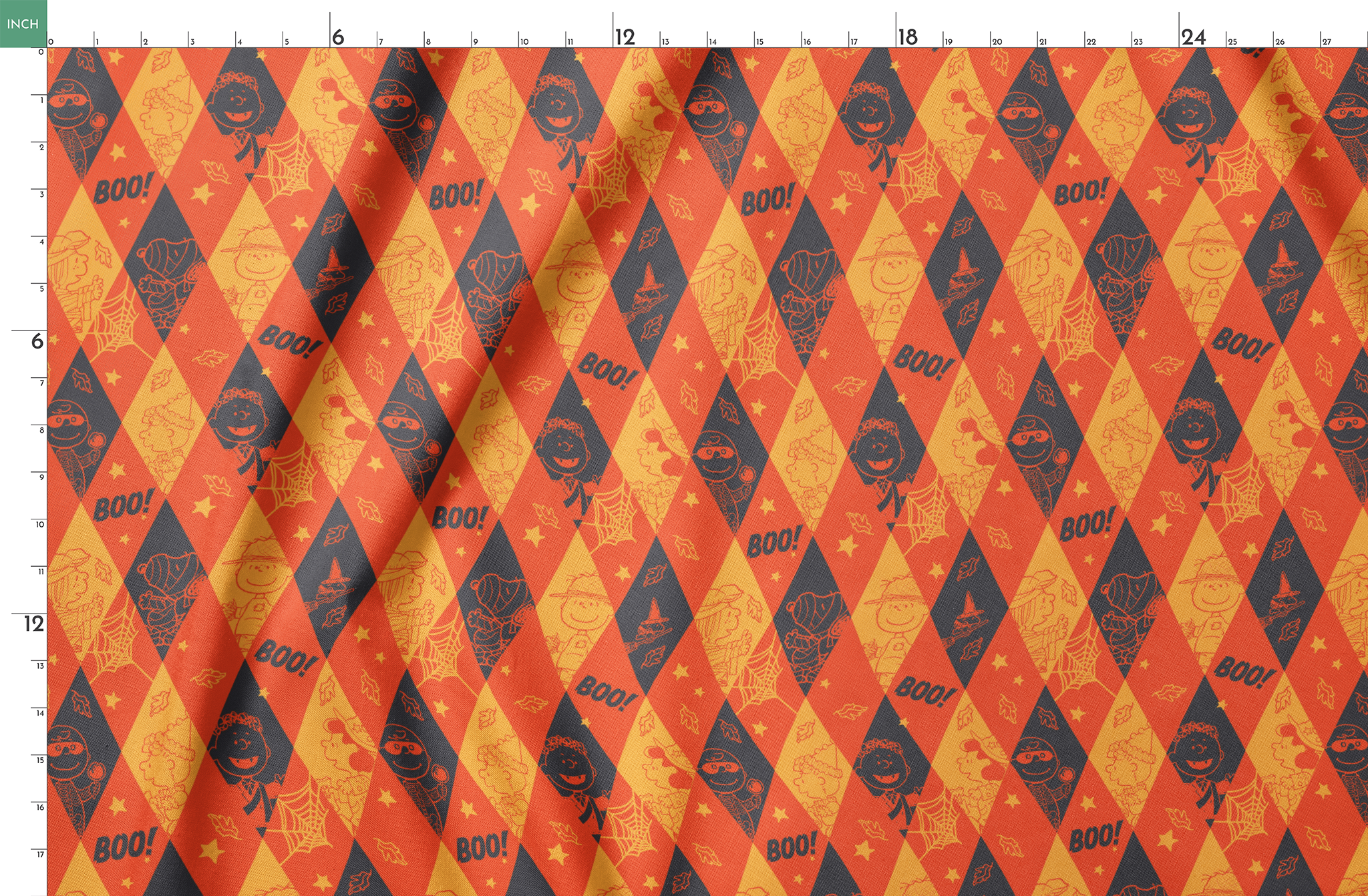 Peanuts Halloween pattern with diamond shapes in orange, yellow, and black featuring Peanuts characters in costumes, webs, "BOO!" text, and seasonal decorations springs fatquarter mockup