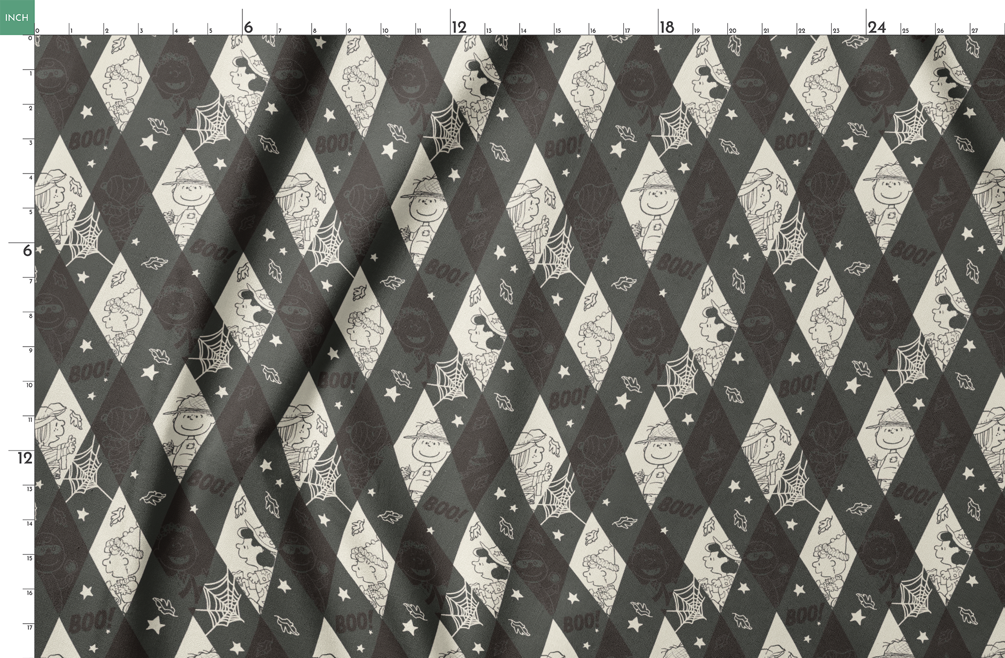 Diamond pattern with Peanuts characters and Halloween motifs in black and cream, featuring spider webs, stars, and "BOO!" text. springs fatquarter mockup