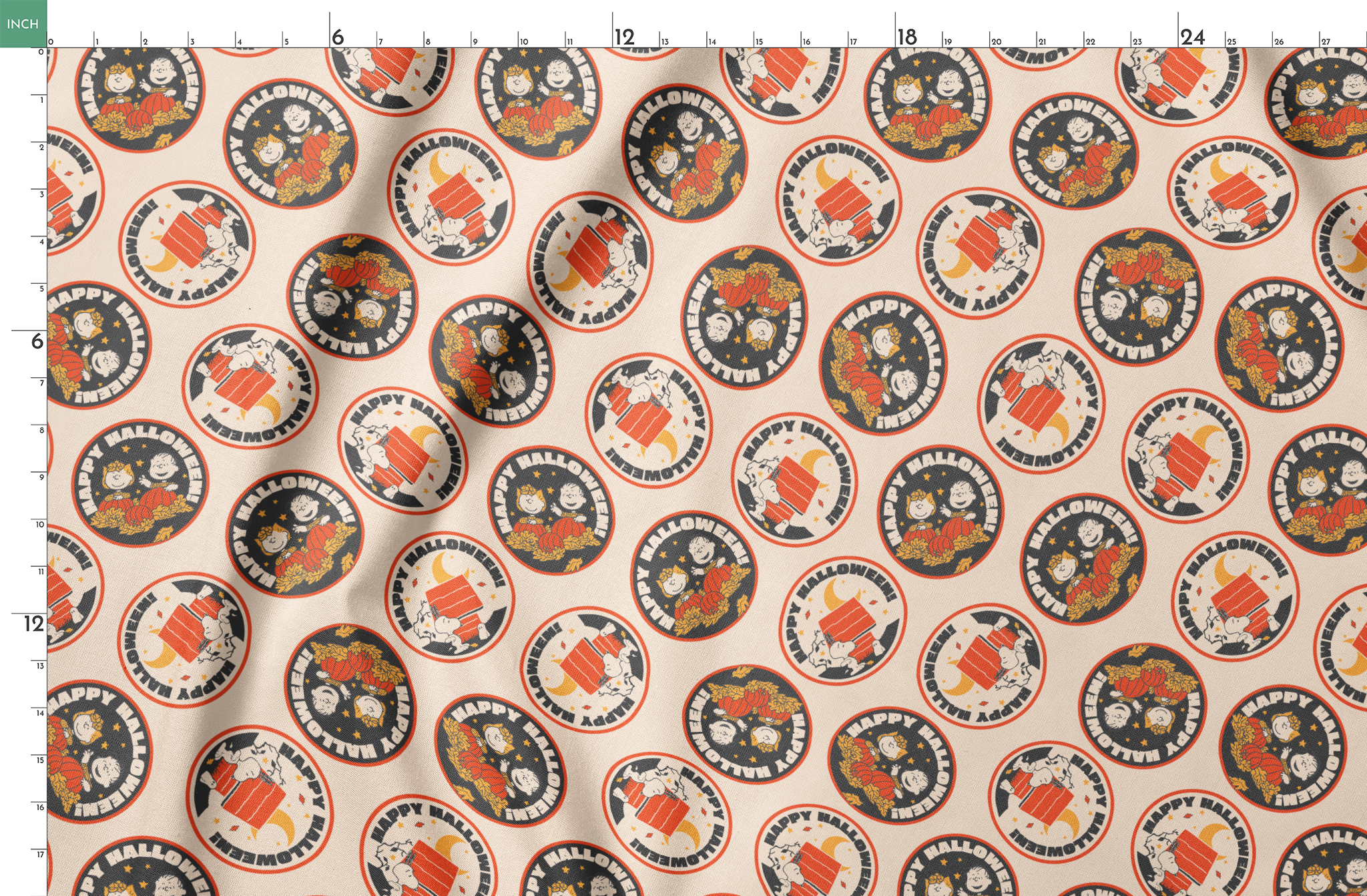 Peanuts Halloween pattern with circular badges featuring characters and "Happy Halloween" text on beige background springs fatquarter mockup