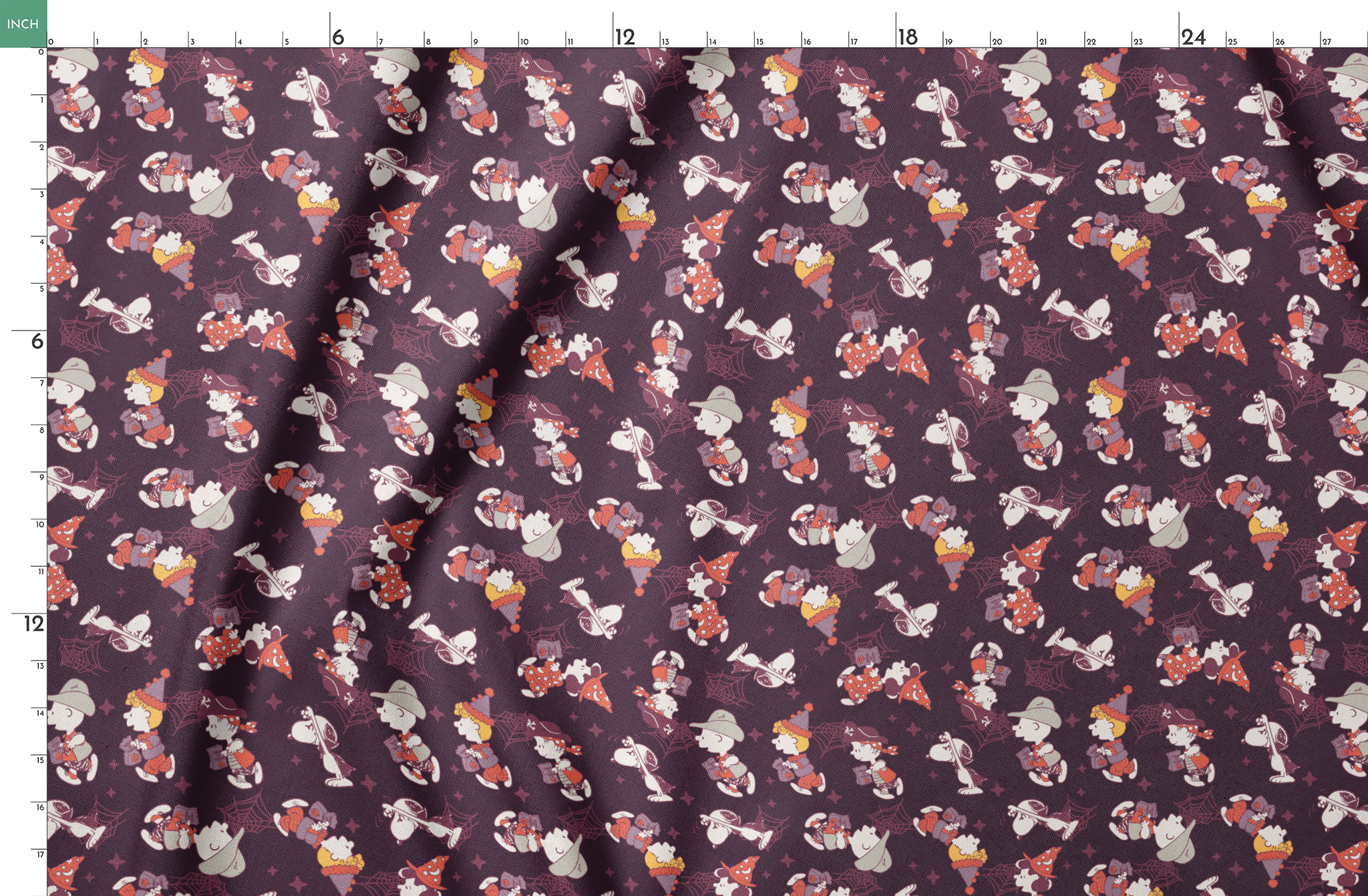 Snoopy and Peanuts characters in Halloween costumes scattered on dark purple background springs fatquarter mockup