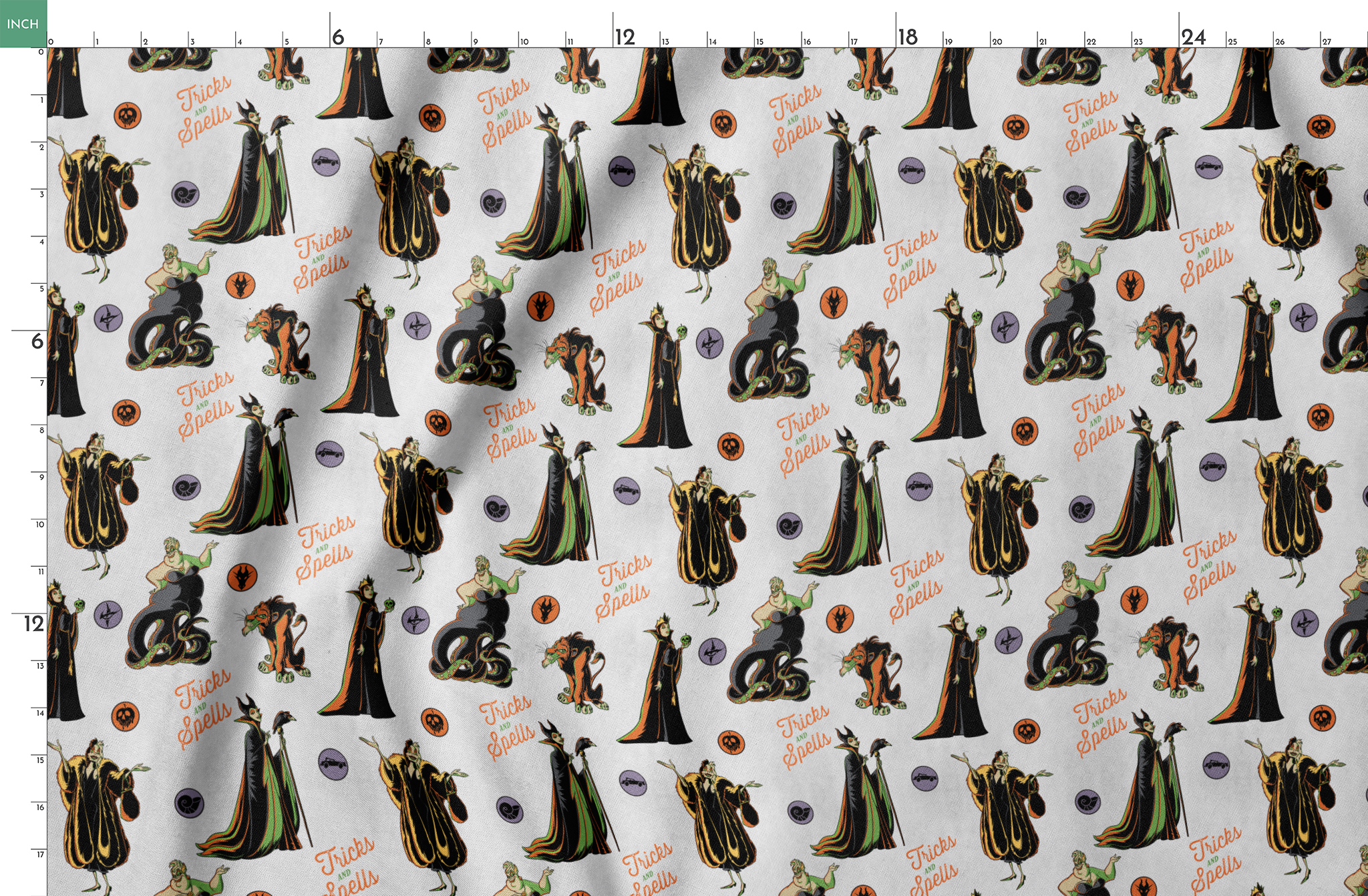 Halloween pattern with Disney villains, spells text, and magical symbols on light background springs fatquarter mockup