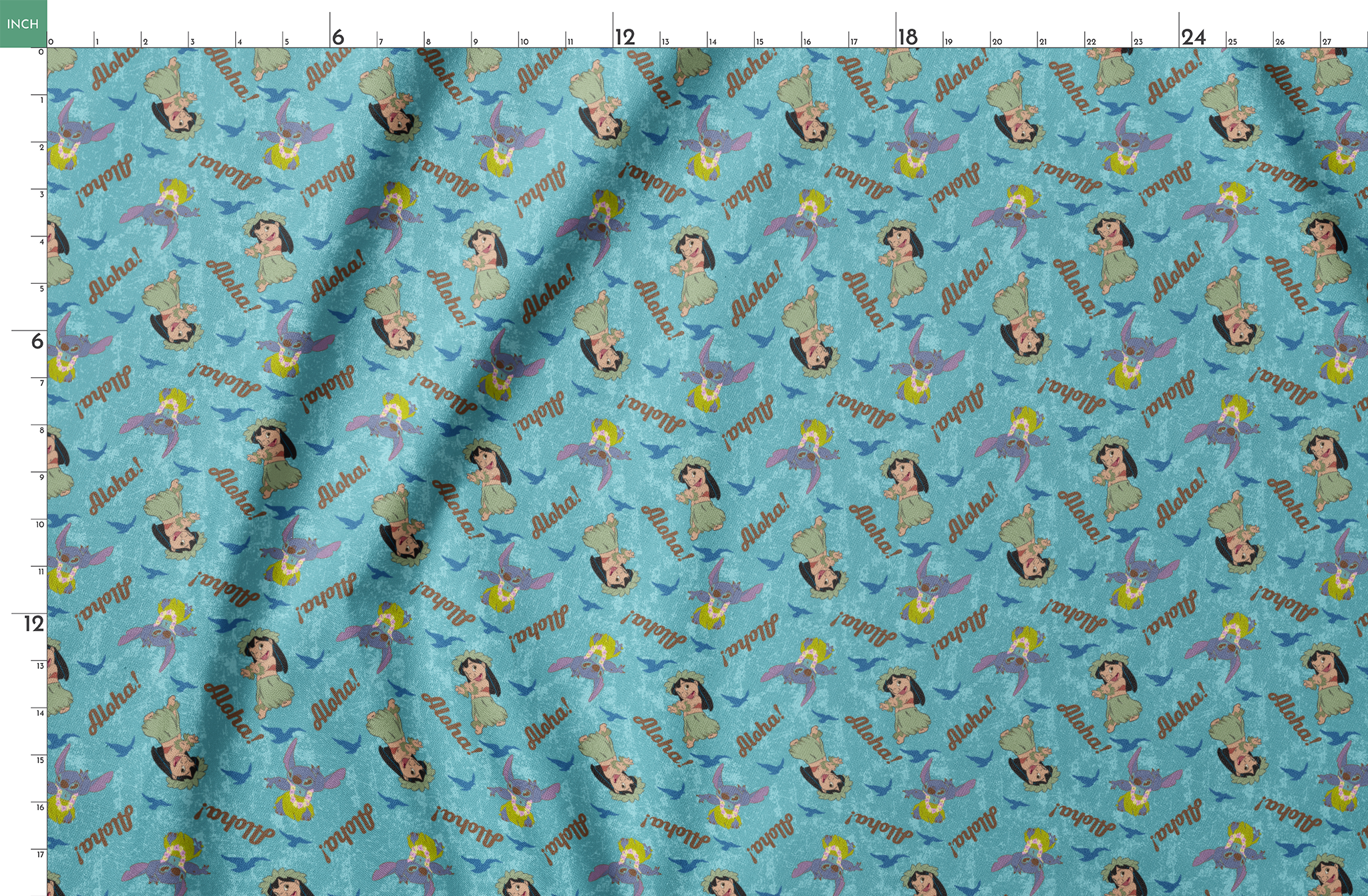 Lilo and Stitch pattern on turquoise background with "Aloha!" text and blue silhouettes springs fatquarter mockup