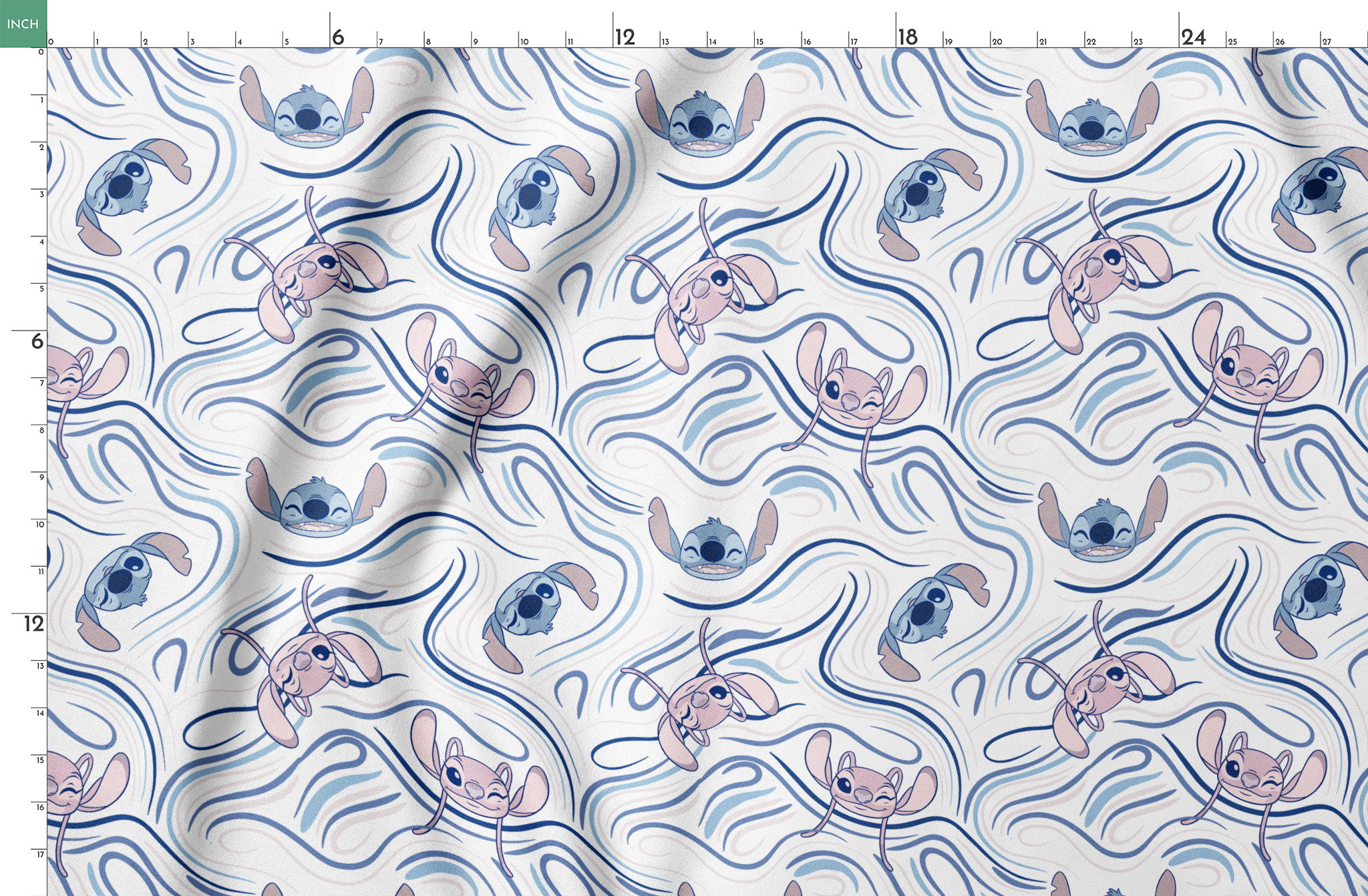 Blue alien character with large ears in various poses on swirling blue and white pattern background springs fatquarter mockup