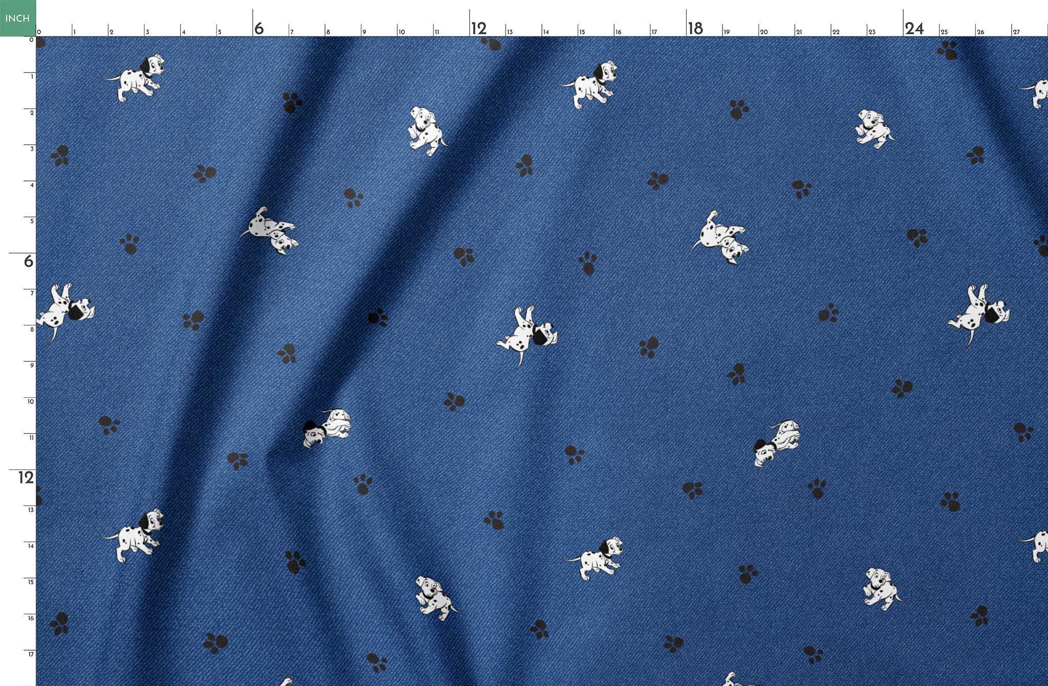 Blue background with small white cartoon-style space astronauts and black paw prints scattered across the pattern springs fatquarter mockup