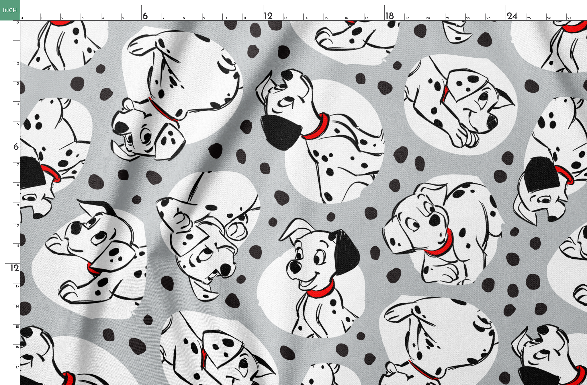 Cartoon Dalmatian dogs with red collars on gray background with black spots pattern springs fatquarter mockup