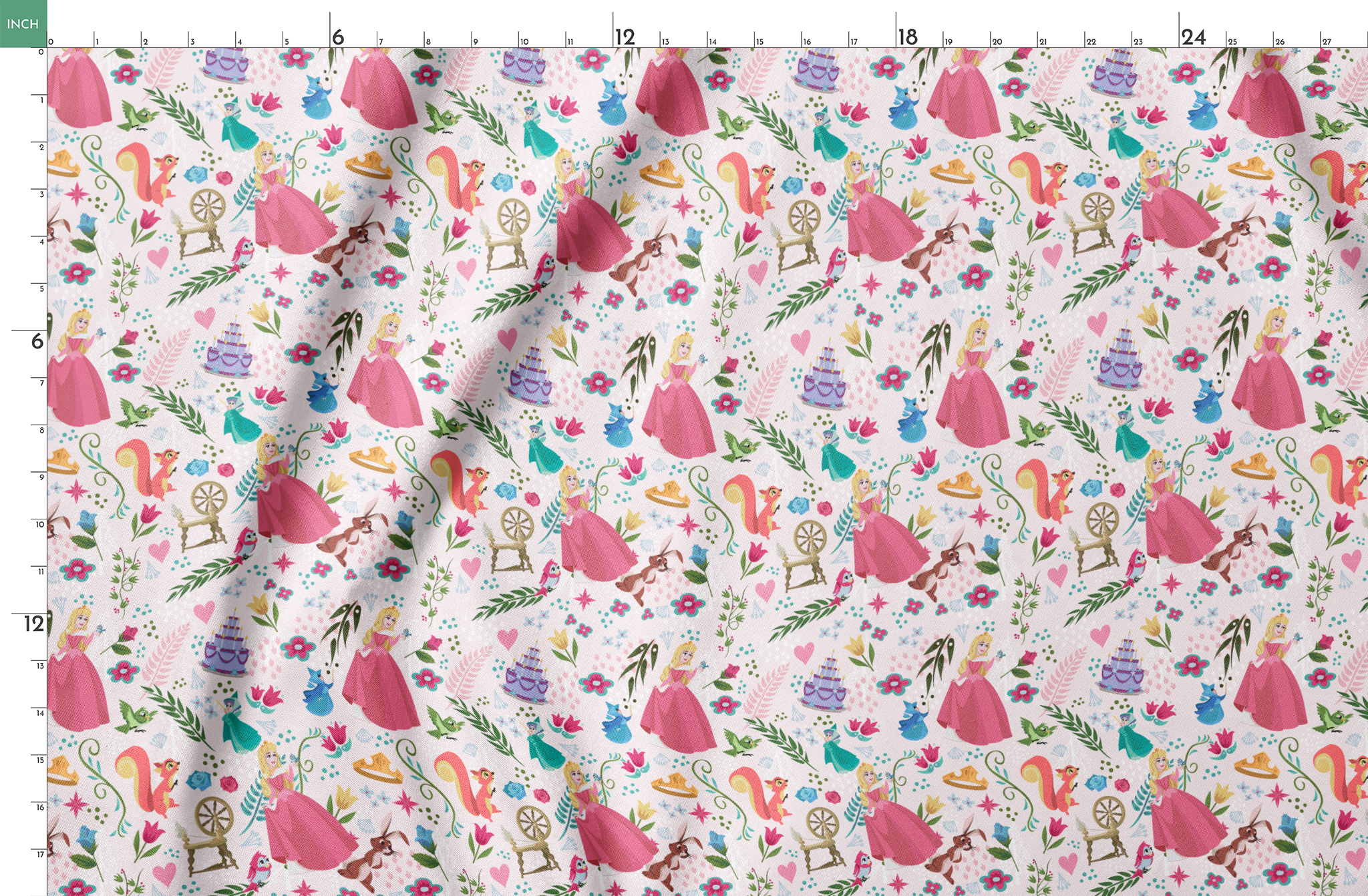 Colorful Sleeping Beauty pattern with Aurora, animals, flowers, spinning wheel, and cake on light background springs fatquarter mockup