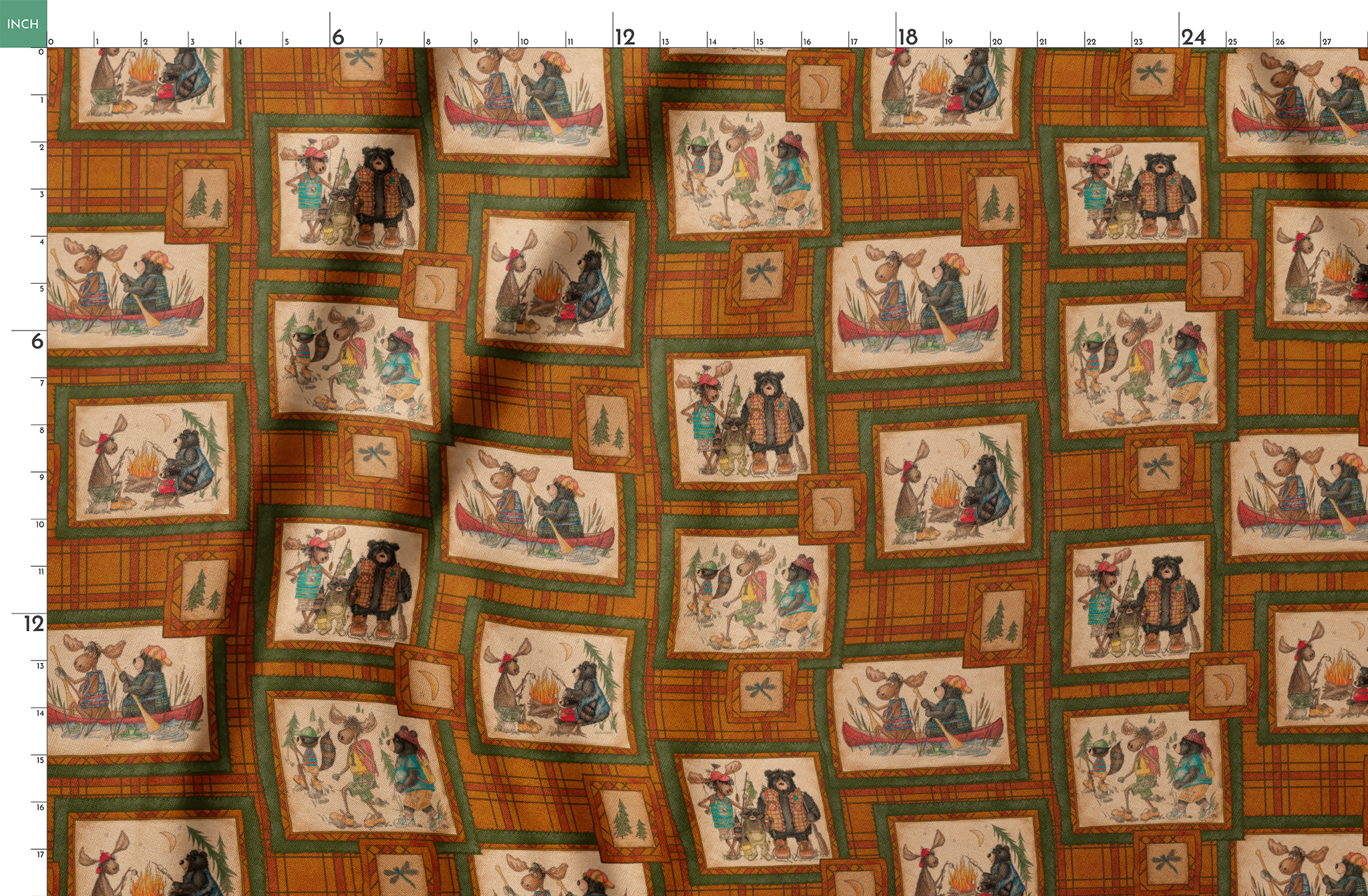 Vintage-style patchwork pattern with framed scenes of people and animals on orange plaid background springs fatquarter mockup