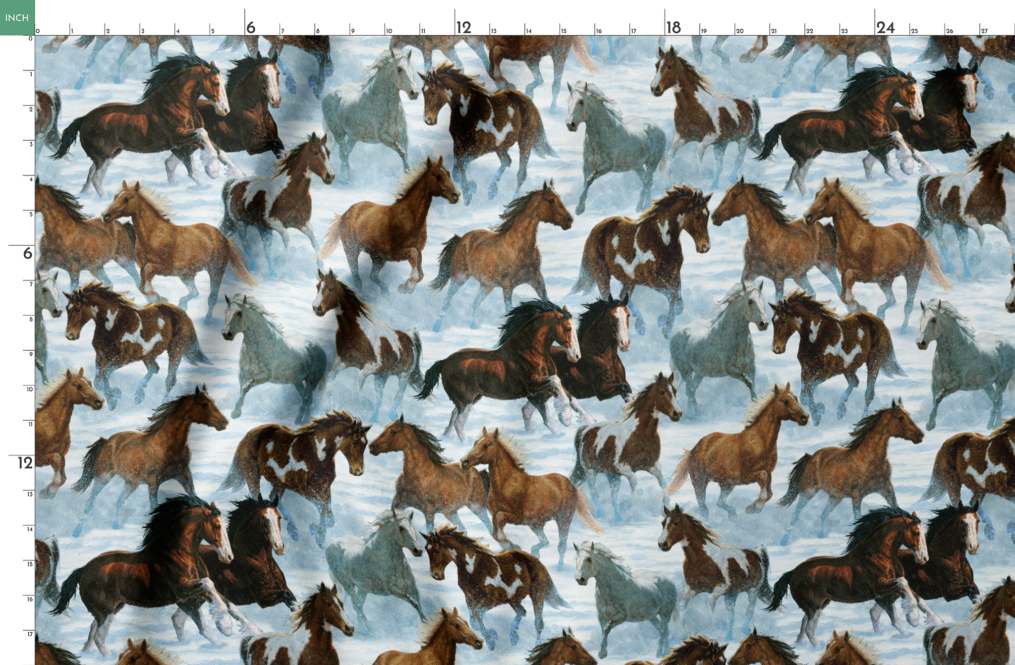 Wild horses running through snowy landscape in various brown, black and gray colors springs fatquarter mockup