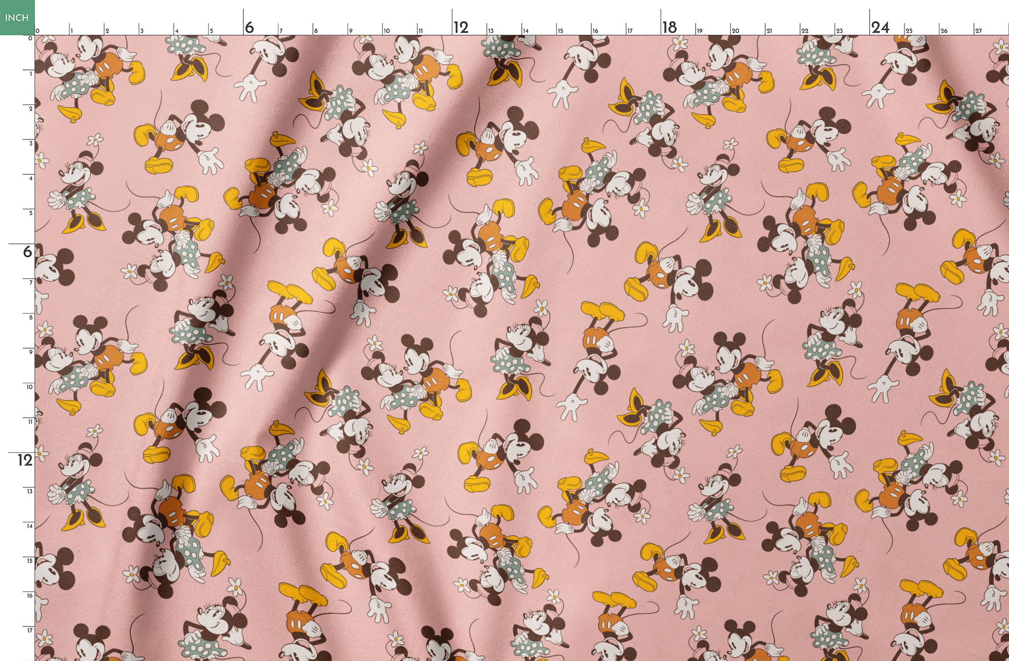 Mickey and Minnie Mouse characters in vintage style on pink background with repeated pattern springs fatquarter mockup