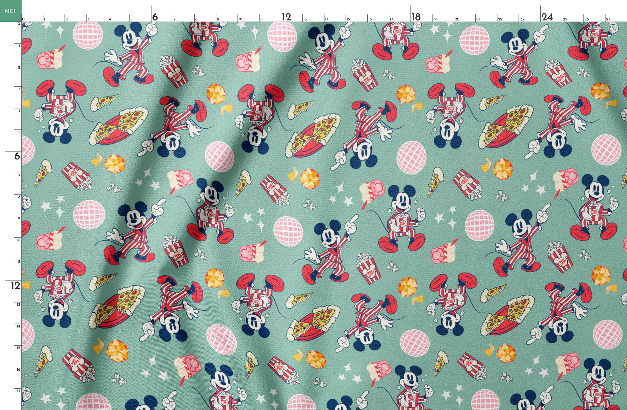 Mickey Mouse in red striped outfits with disco balls, pizza, popcorn, and snacks on mint green background. springs fatquarter mockup