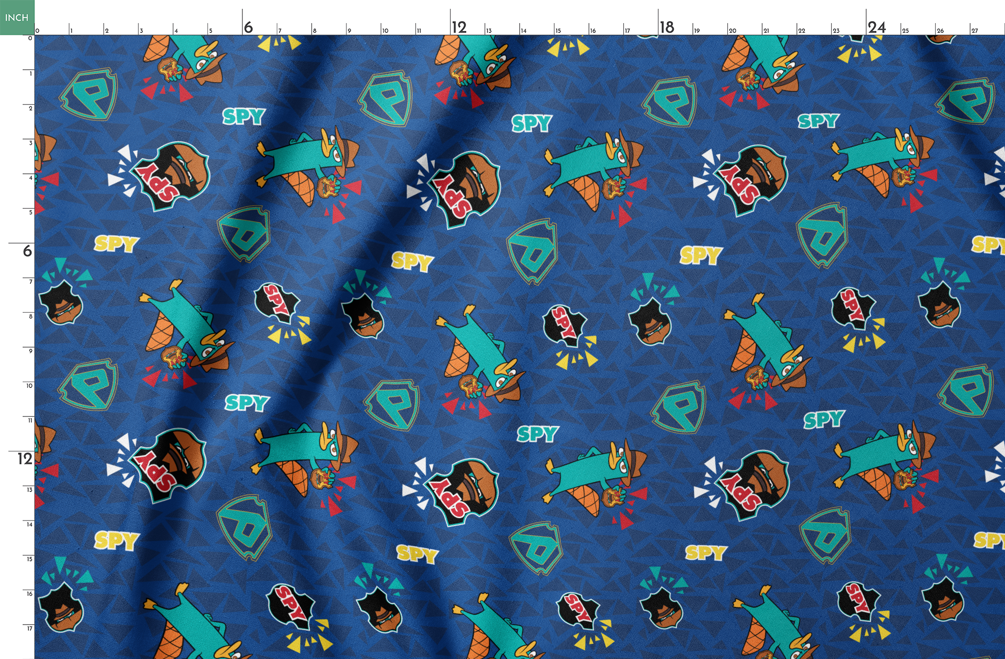 Colorful Perry the Platypus pattern with "SPY" text on blue geometric background springs fatquarter mockup