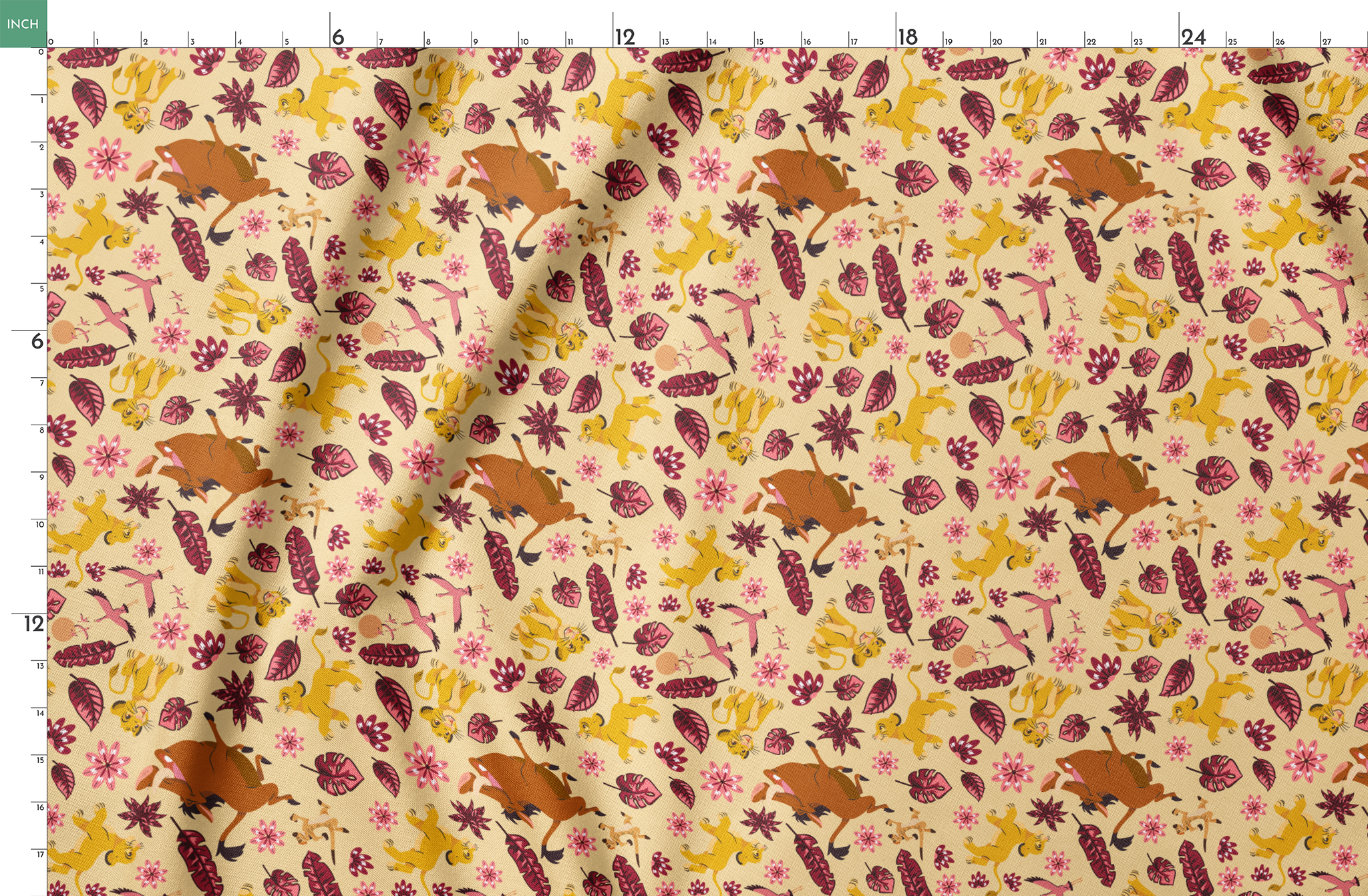 Decorative pattern with lions, gazelles, and boars in yellows and browns among maroon leaves and pink flowers springs fatquarter mockup