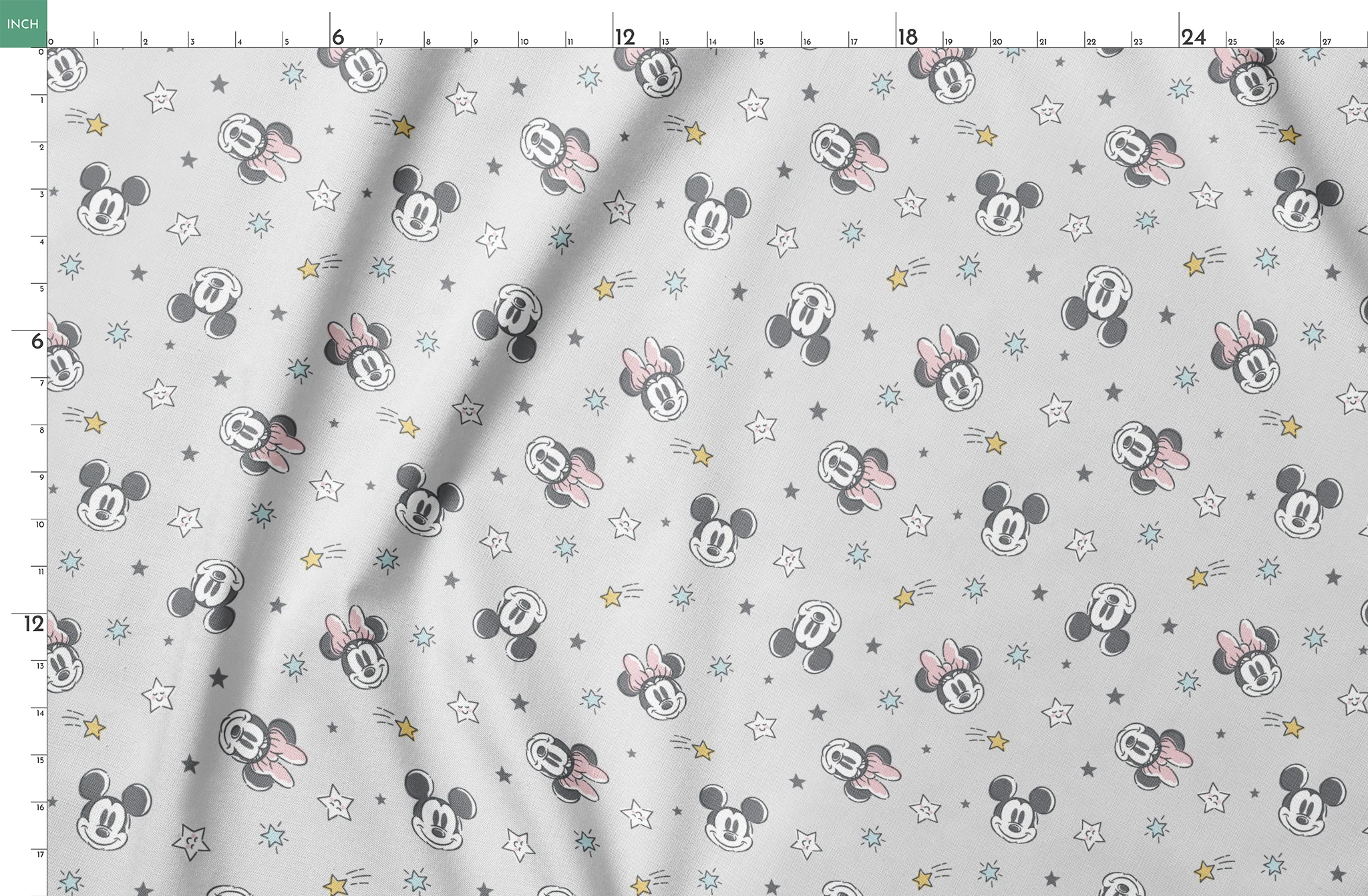 Mickey and Minnie Mouse pattern with stars on light gray background springs fatquarter mockup