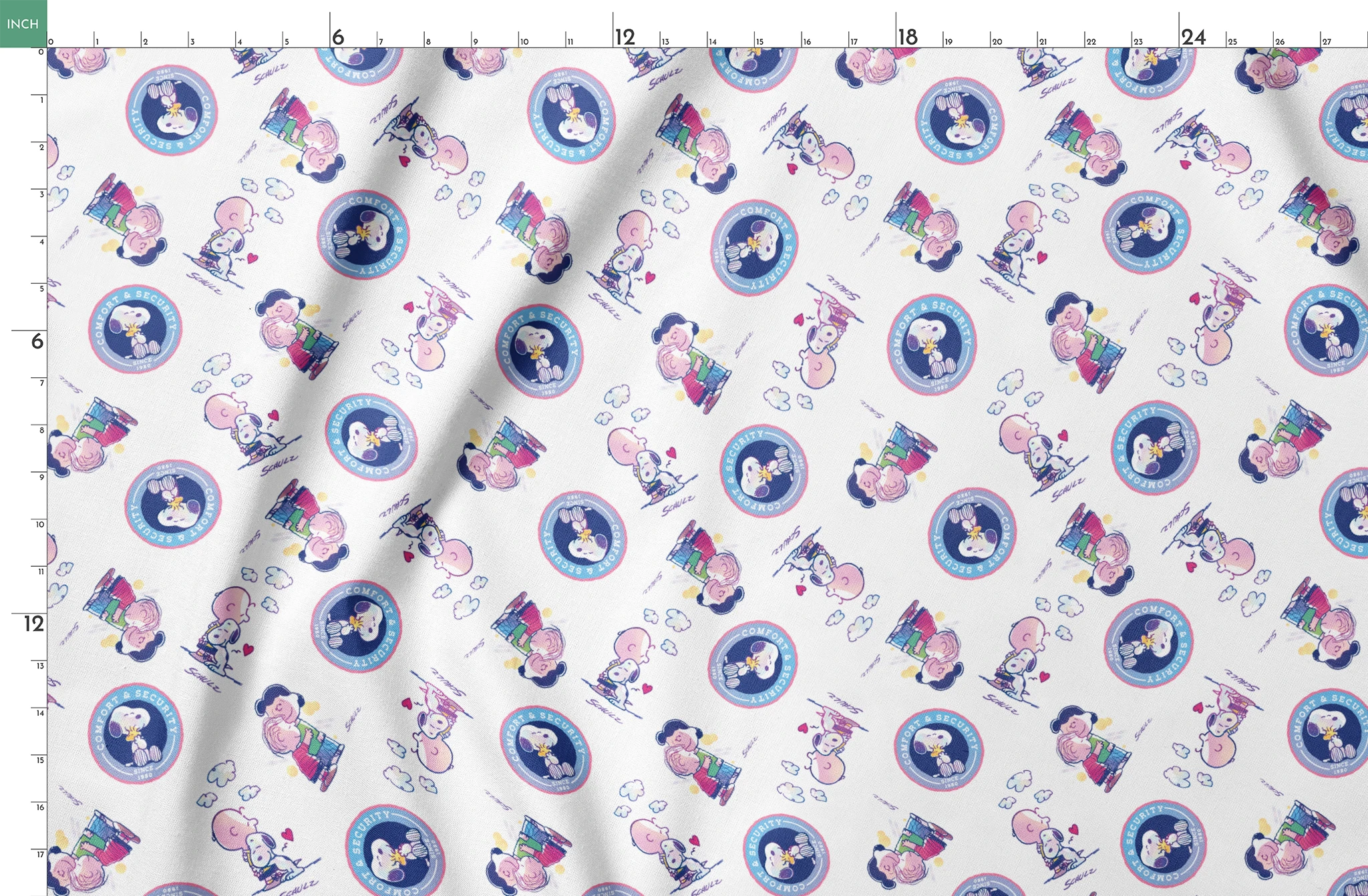 Peanuts cartoon pattern with Snoopy in blue circles and Charlie Brown with books on white background springs fatquarter mockup