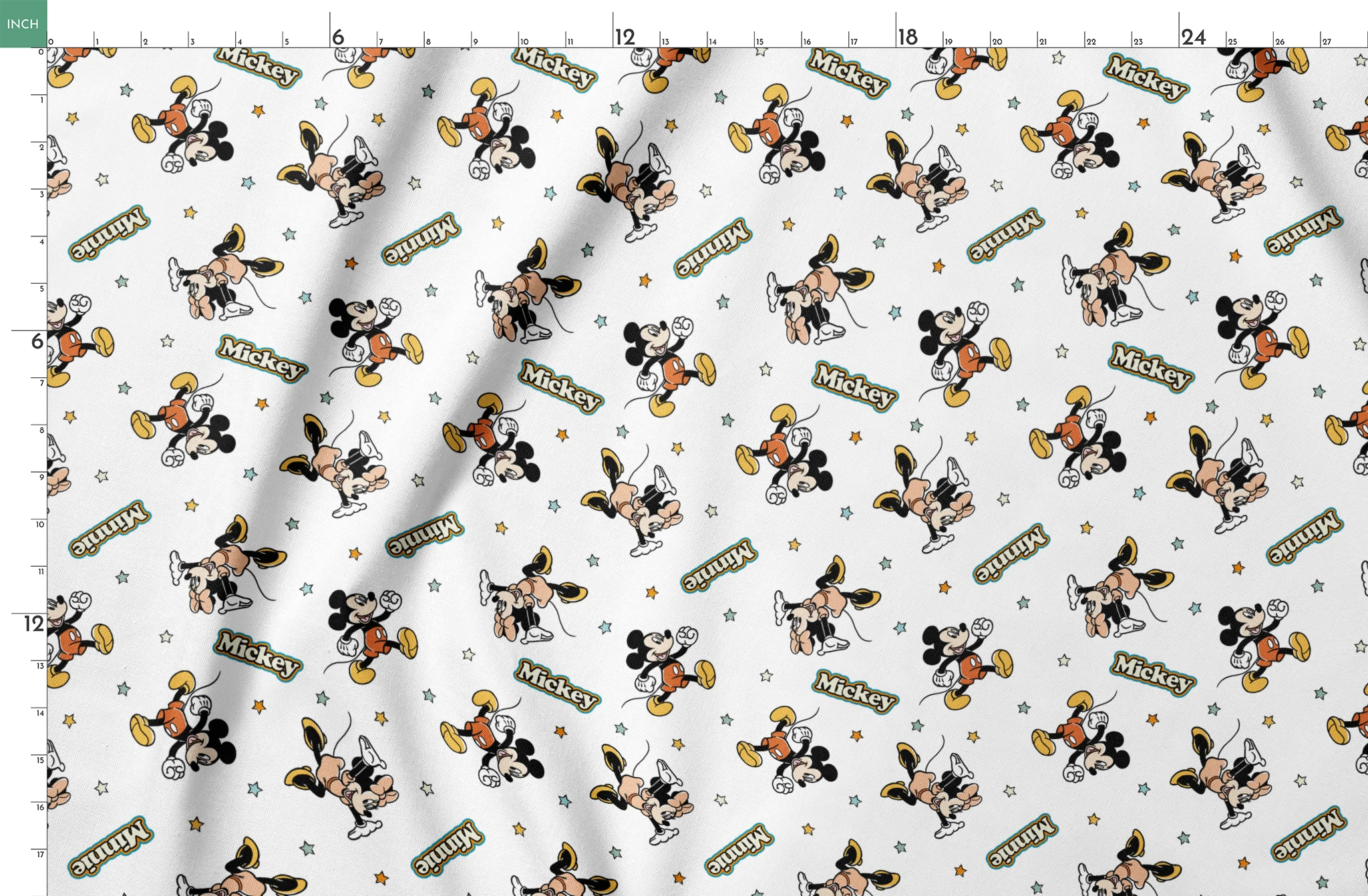 Pattern of cartoon Disney characters including Mickey Mouse and Minnie with yellow stars on white background springs fatquarter mockup