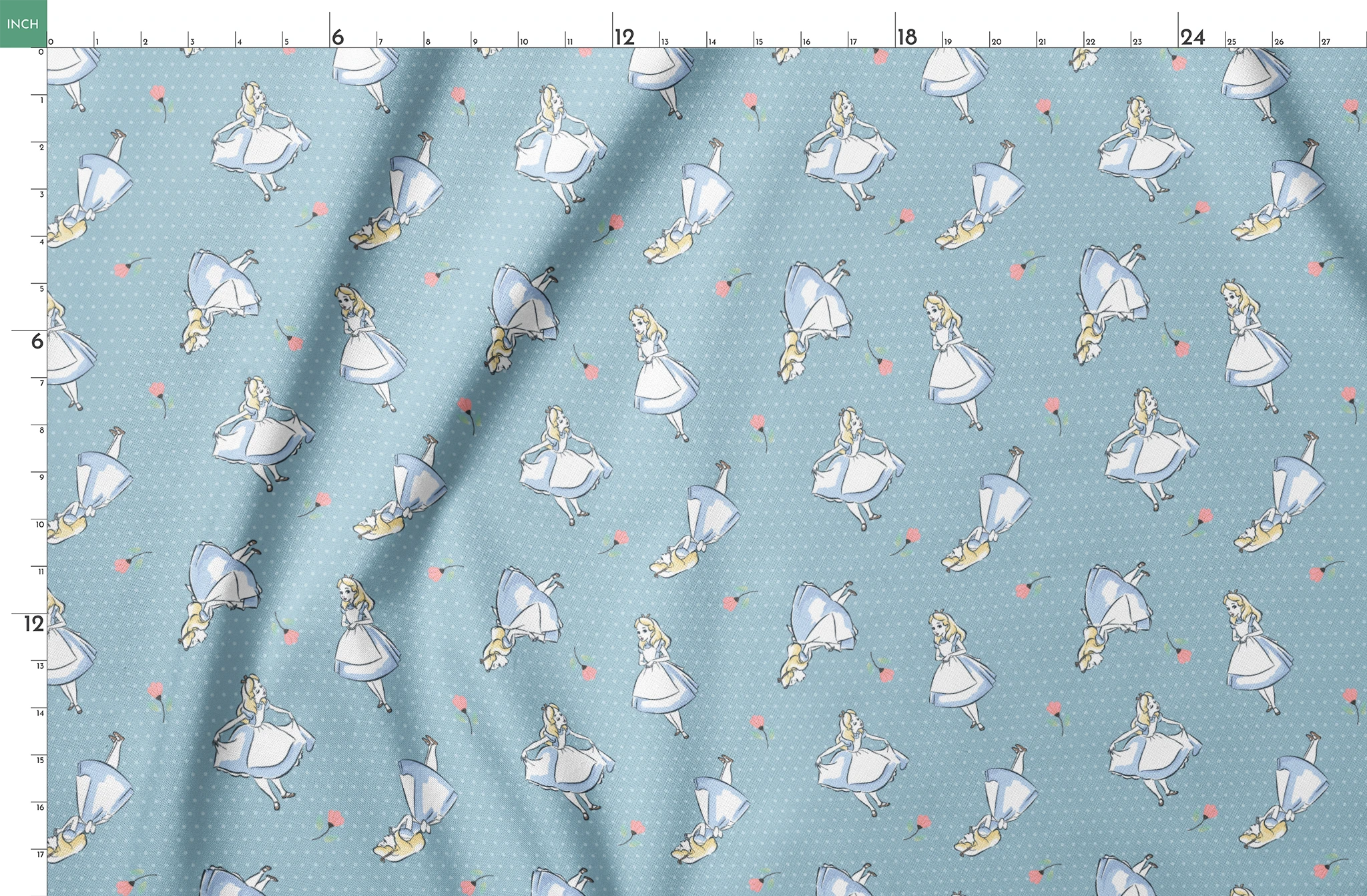Blue polka dot pattern with illustrated characters in blue dresses and small pink flowers scattered throughout. springs fatquarter mockup