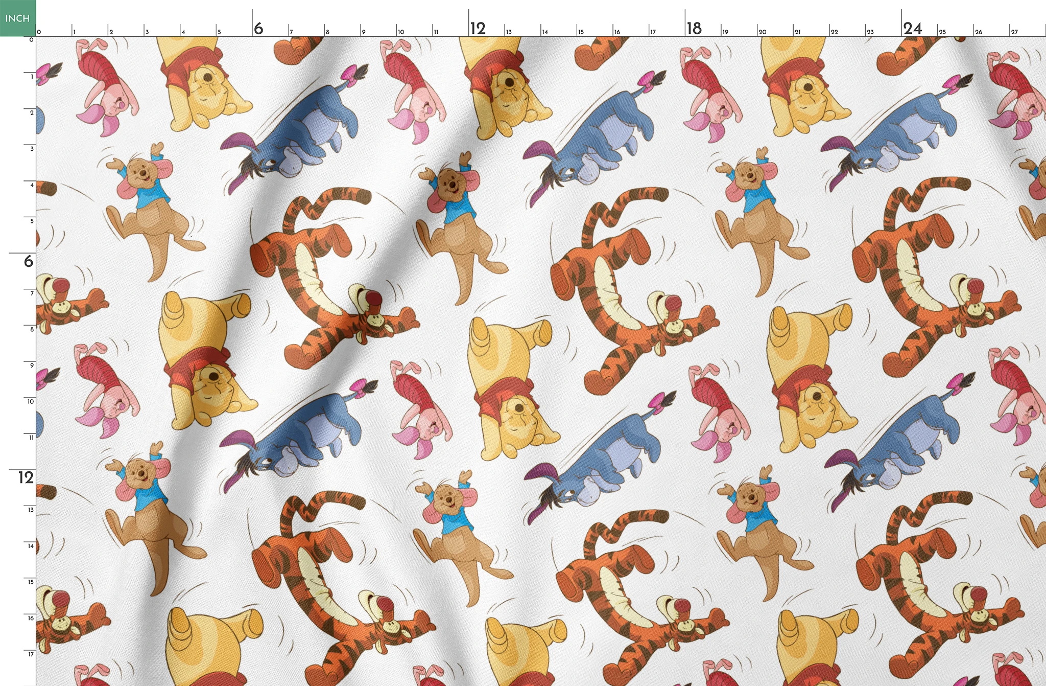 Colorful pattern featuring Winnie the Pooh characters jumping and bouncing on white background springs fatquarter mockup