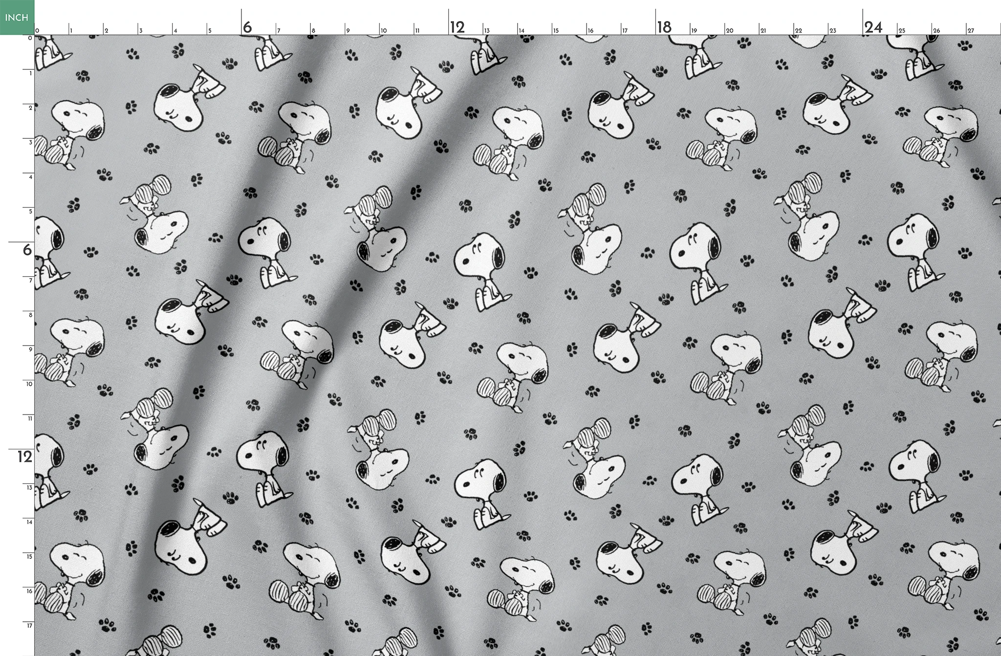 Snoopy with black ears on gray background with paw prints, in various poses springs fatquarter mockup