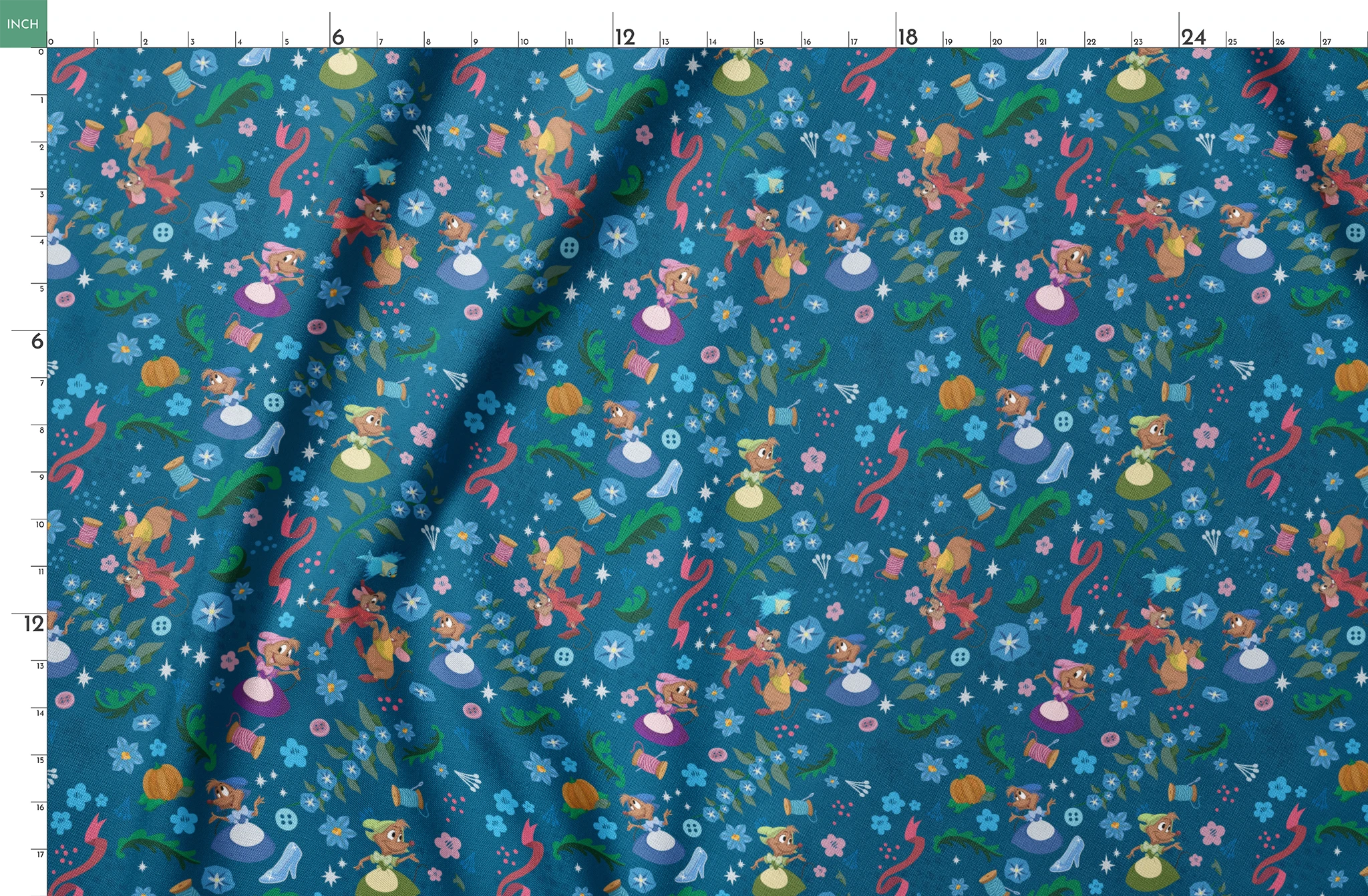 Colorful fairy tale pattern with mice, glass slippers, pumpkins, and floral elements on deep blue background springs fatquarter mockup