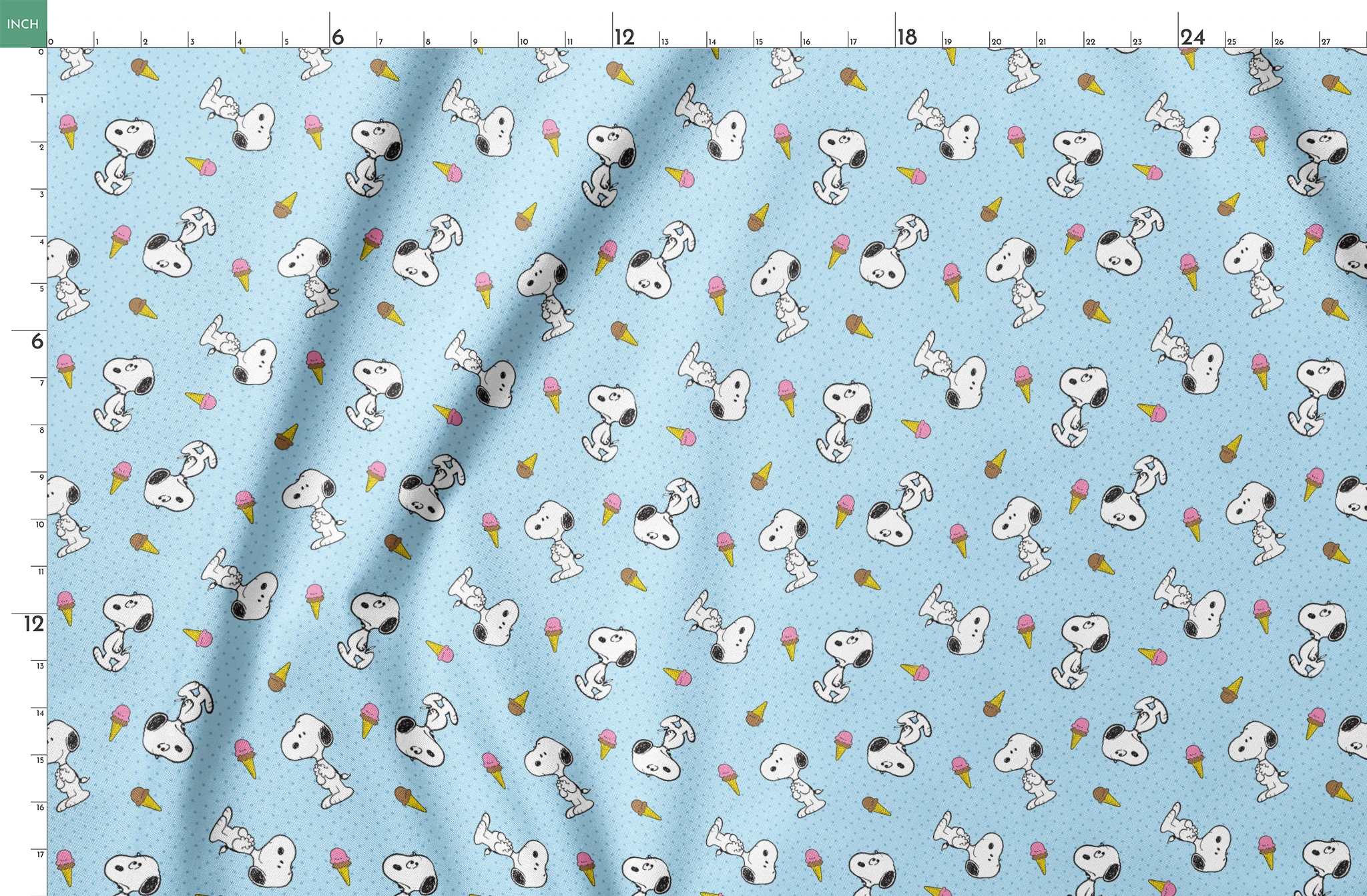 Snoopy pattern on light blue background with ice cream cones and small white dots springs fatquarter mockup